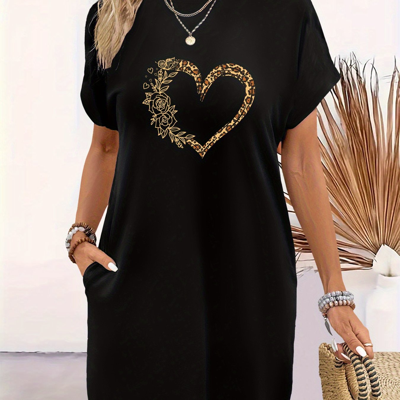 TEMU Haut Femme Imprimé Mode Cœur Papillon Col Rond Manches Courtes Élégant Long T-Shirt avec Poches Été et Automne