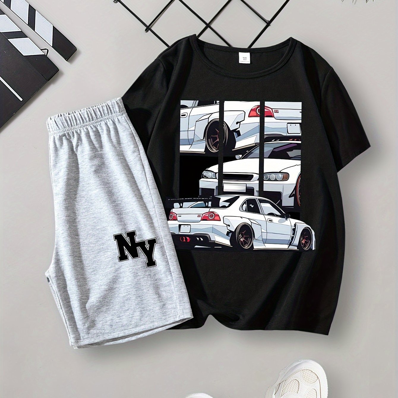 Image of Boys' Summer Cartoon Pattern Short Sleeve Round Neck Top And Elastic Waist Letter Print Gray Shorts Medium To Large Children Baby Outdoor Casual Outfit 2pcs Set, For Outdoor