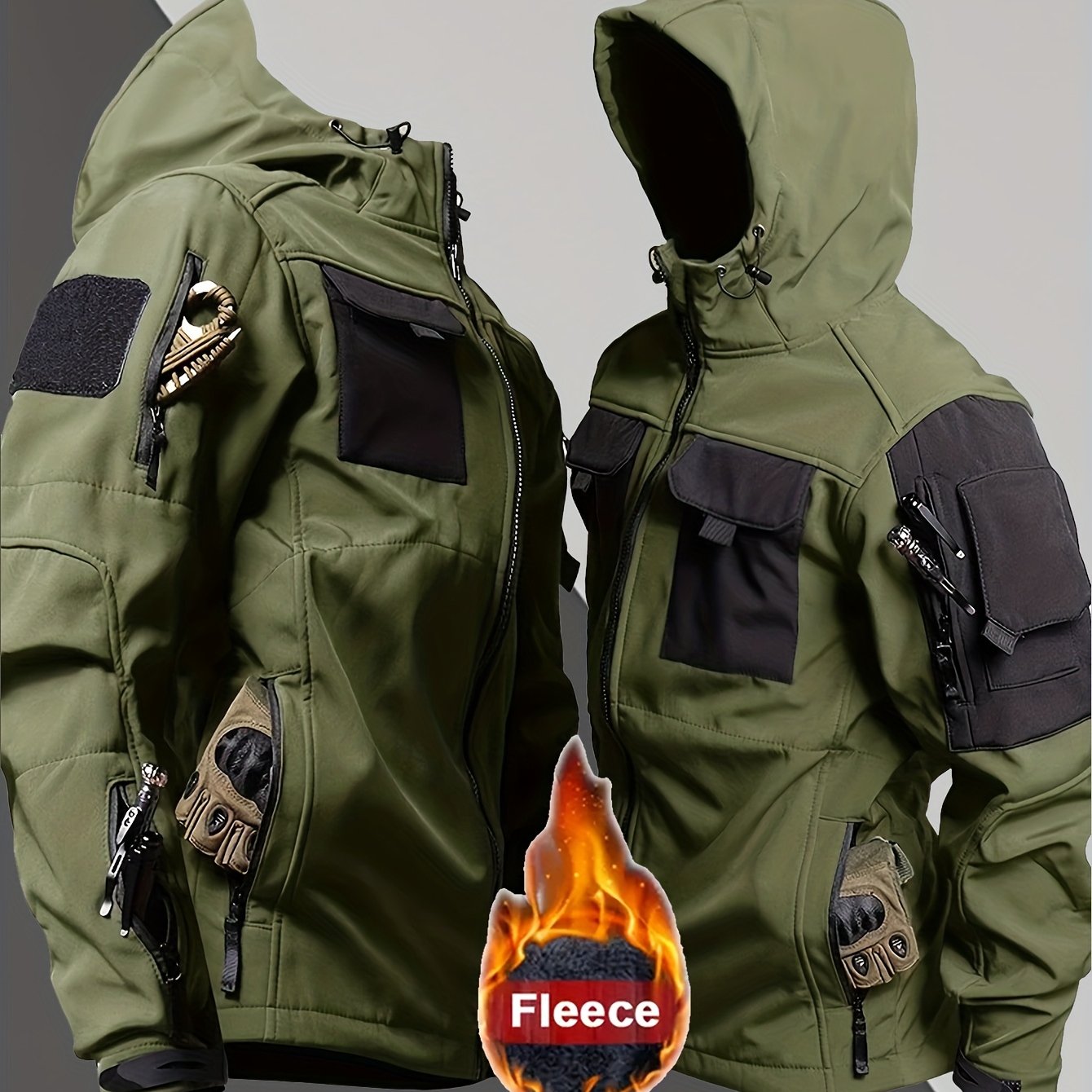 Men's Warm Hooded Zip-Up Shell Jacket with Pockets for Outdoor Activities