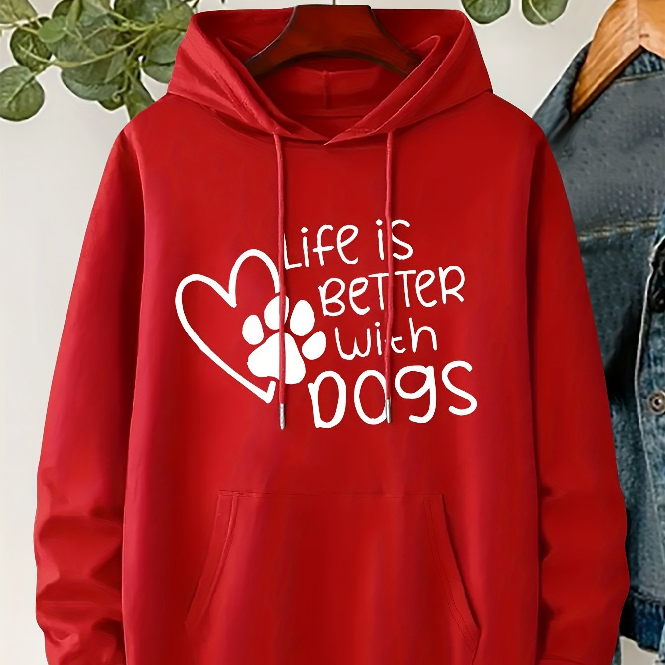 TEMU Plus Size Paw Print Hoodie, Casual " Better With Dogs" Pattern Drawstring Hooded Long Sleeve Kangaroo Pocket Sweatshirt For Fall & Winter,