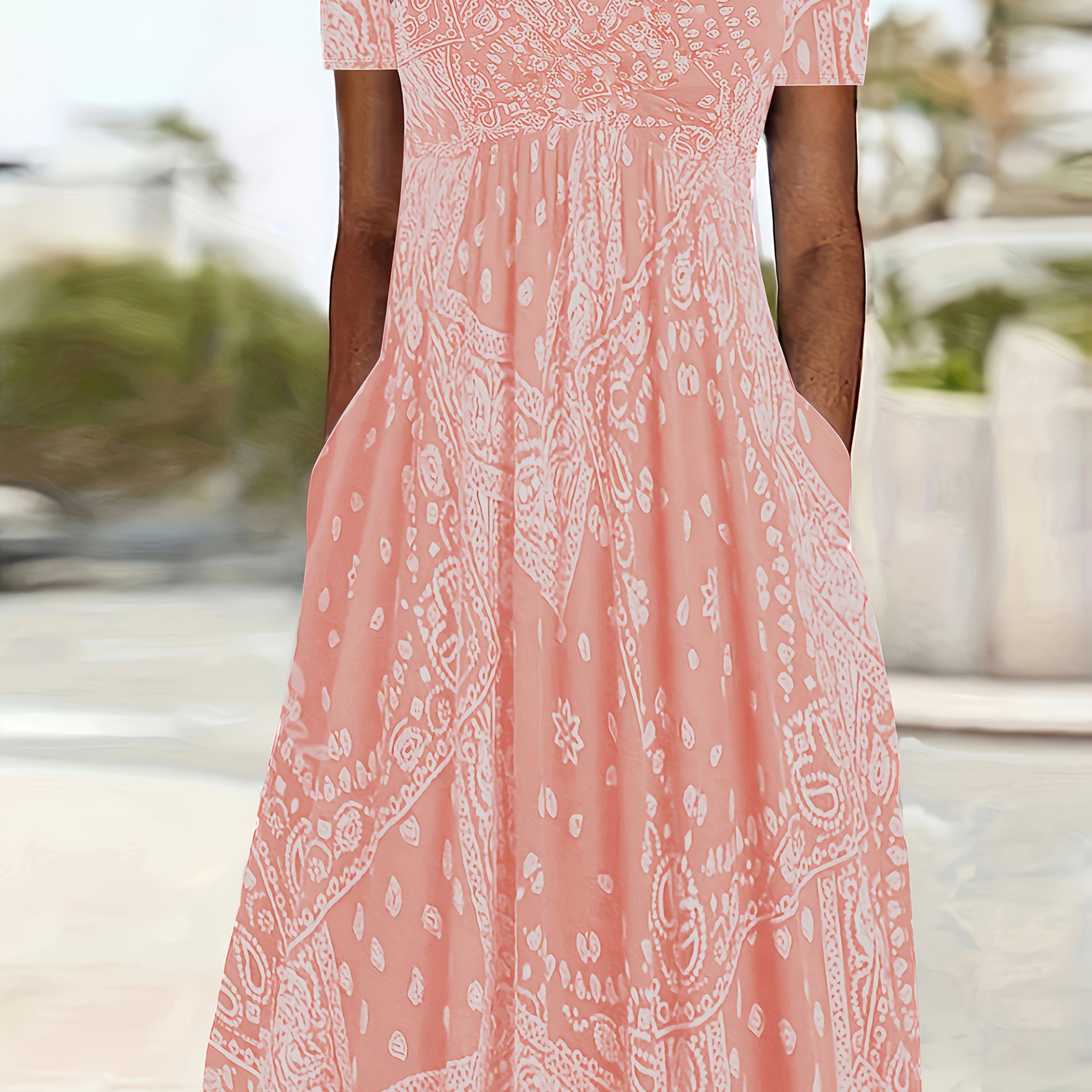 TEMU Summer New Oversized Round Neck Short Sleeve Dress Women's Casual Fashion Printed Pocket Dress