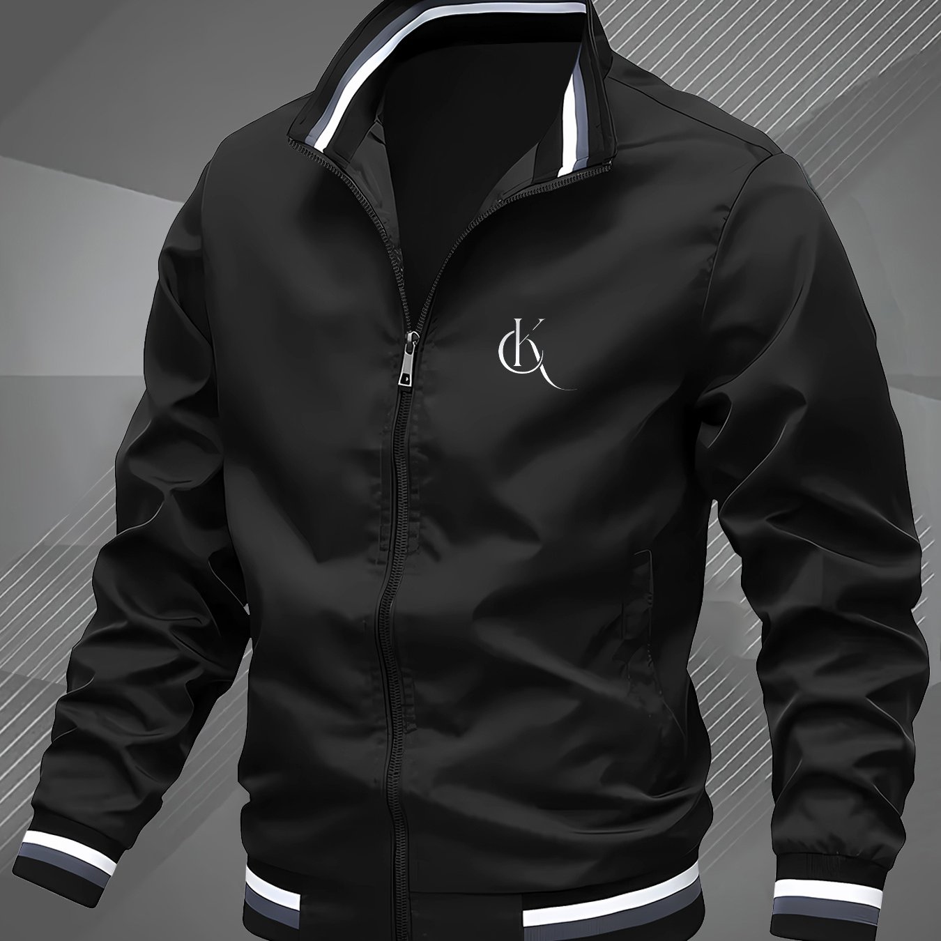 TEMU Men's Lightweight Stand-collar Casual Jacket, Easy Elegant Print, Comfortable Fabric Zipper Front Closure Regular Fit Spring Autumn Versatile