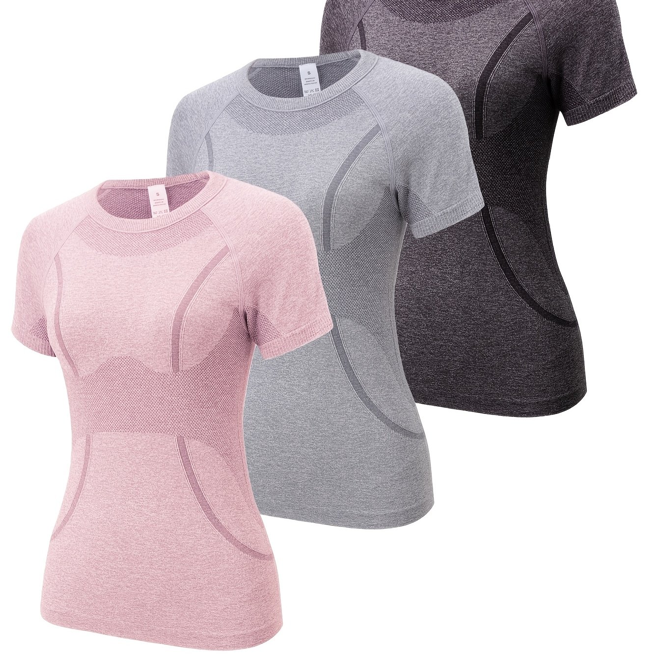 Image of 3pcs Women's Sports Short Sleeve T-shirts | Quick-dry Fabric, Breathable & Comfortable, Suitable For Fitness, Running & Yoga