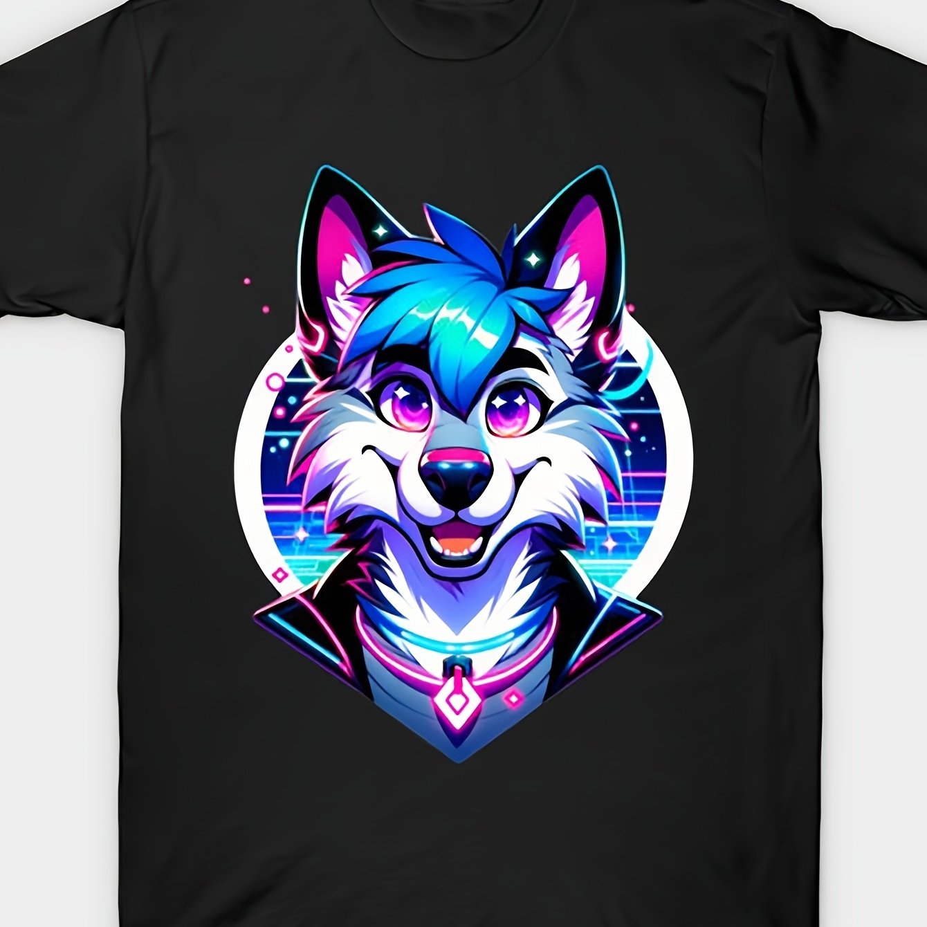 Cyberpunk Neon Furry Wolf T-shirt - Neon Wolf Graphic And Furry Suitable For, Themed Events, Casual Wear, Machine Washable, For And Everyday Outfits