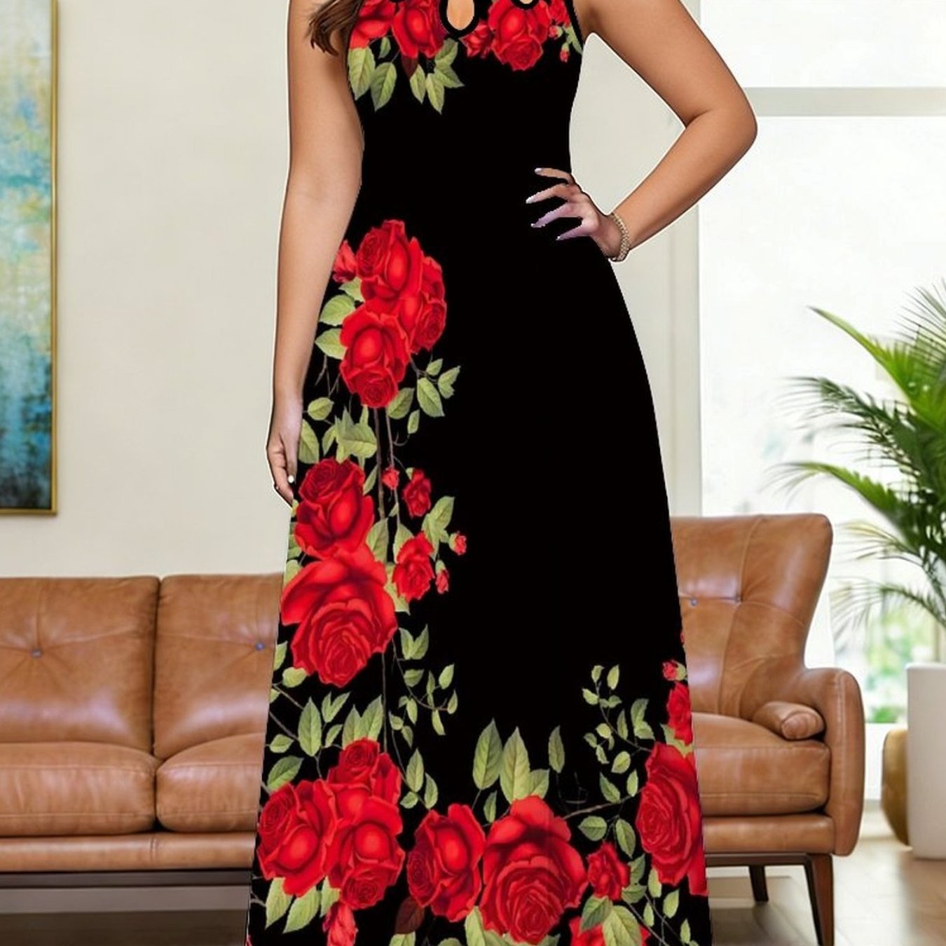 Plus Size - Women's Dress, Women's Plus Size Dress, Floral Pattern, All Body Print, Elegant Women's Clothing, Popular Fashion Style, Beach Vacation , Sleeveless Chest Hole Vest Dress