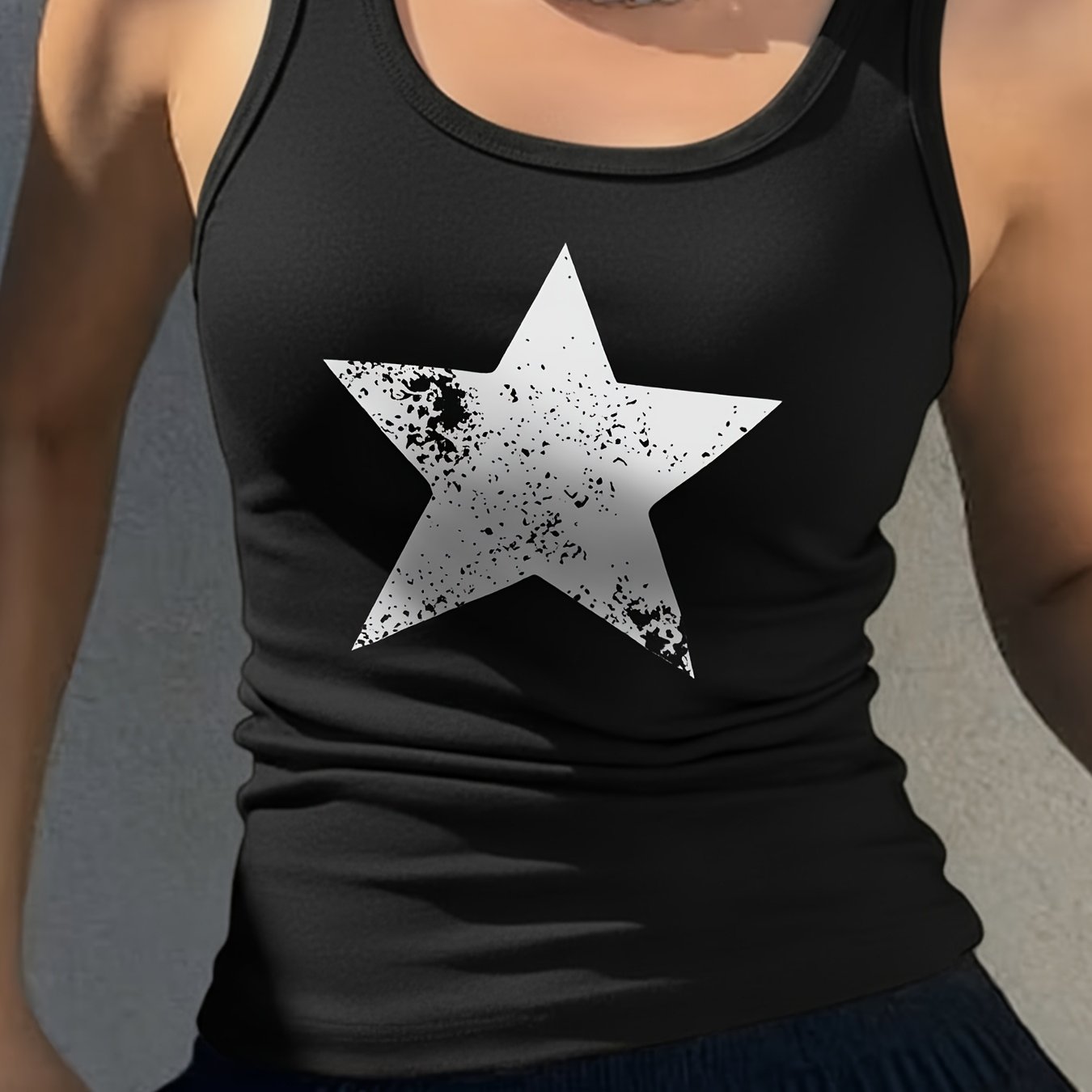 TEMU Y2k Square Neck Women's Tank White Distressed Slim Fit Sleeveless Top Versatile Strap Top For Daily