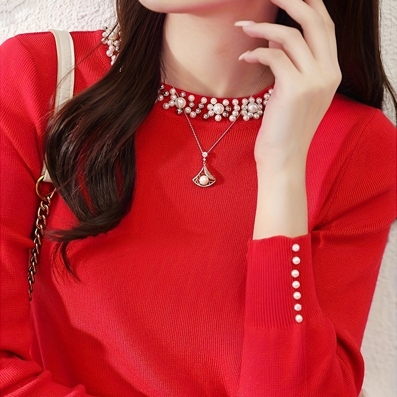 2024 Autumn/winter New Long Sleeve Solid Color Beaded Base Layer Shirt For Women, Casual Short Top Sweater