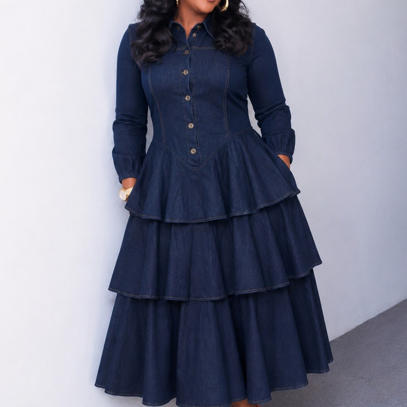 TEMU Large Size - Large Size Fashion Women's Denim - Breasted Cardigan Shirt Pleated - Autumn And Winter Long Sleeve Jacket Medium And Long Dress