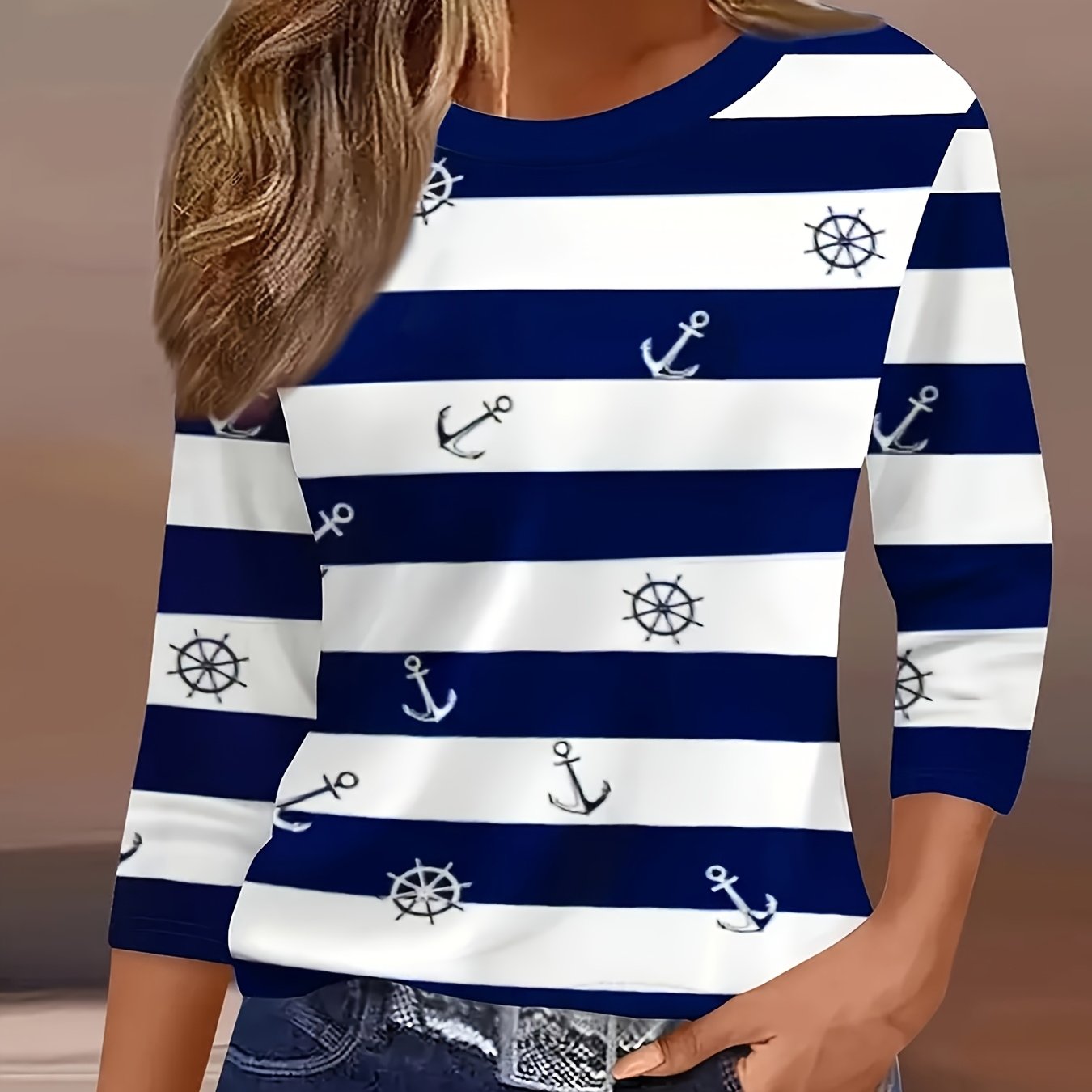 Image of Plus Size - Plus Size - 2025 New Random Print Round Neck 3/4 Sleeve, Casual Loose Top Base T-shirt Comfortable Fashion Machine Washable - Suitable For Spring Summer Daily And Home