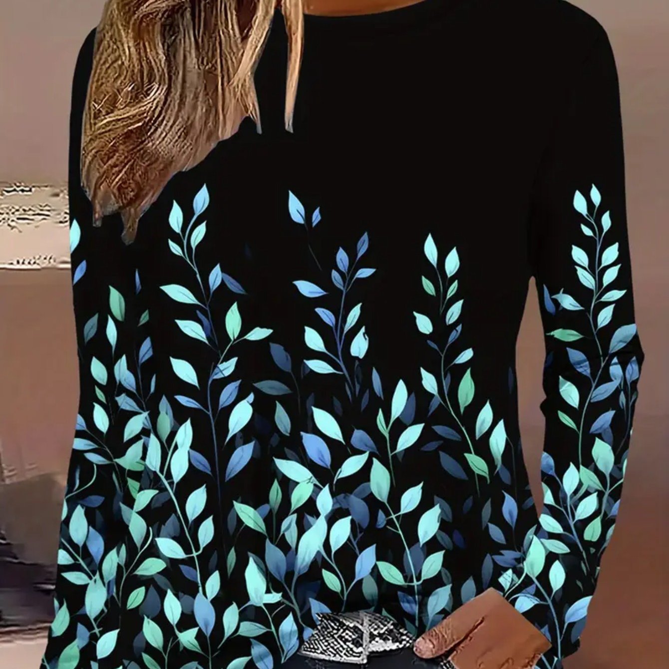 3d Leaf Print Women's Slogan Print Long Sleeve Casual T-shirt - Soft Medium Stretch Fabric, Round Neck, Relaxed Fit, Comfortable Wear - Perfect For Daily Life, Work, Or Leisure