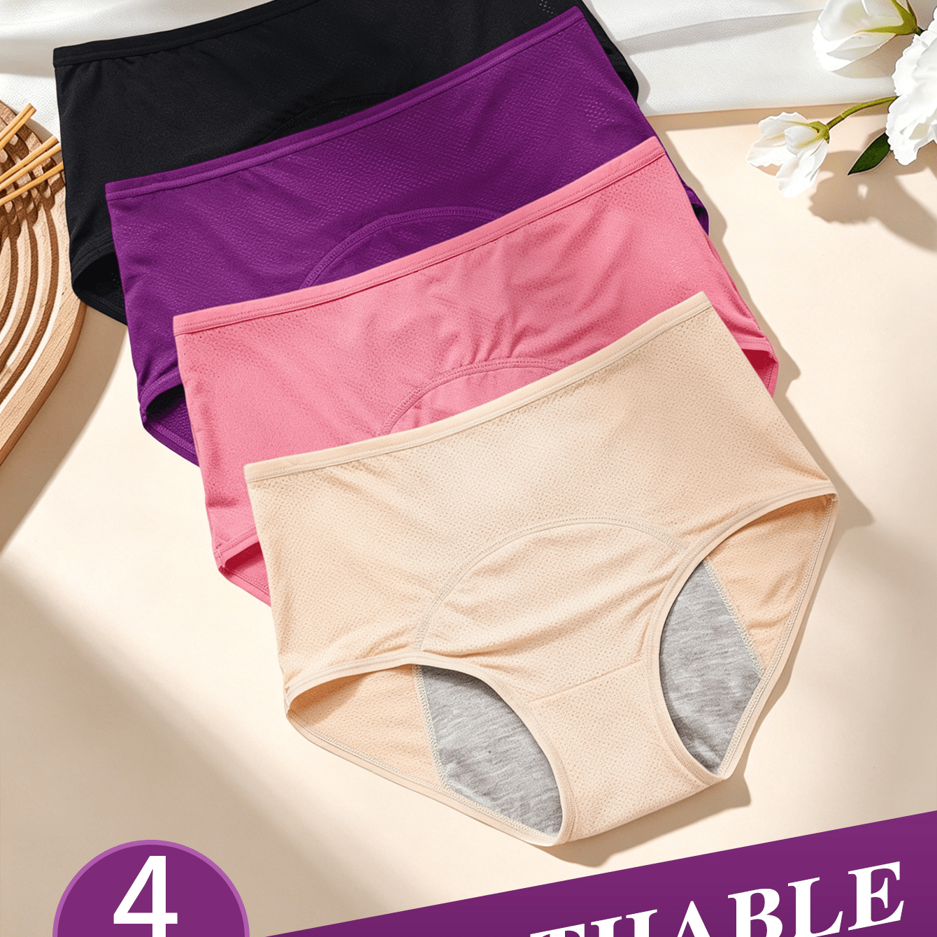 TEMU 4pcs Women's Leakproof Period Panties - High Elasticity, Breathable Mesh, Triple-layered, Wide Briefs, Tummy Control, Plus Size (oxl-5xl),