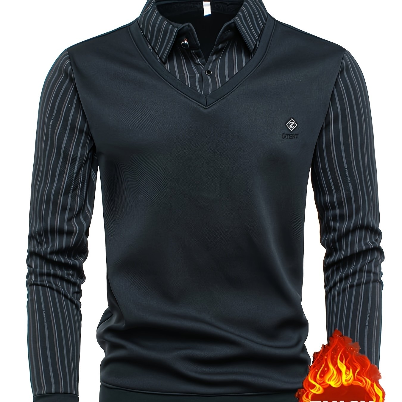TEMU Autumn Winter 's Long Sleeve Thickened Fleece Fake Two-piece Top, Design Label, Thin Stripe Pattern All-match Fashion , Warm And Soft Cold-proof