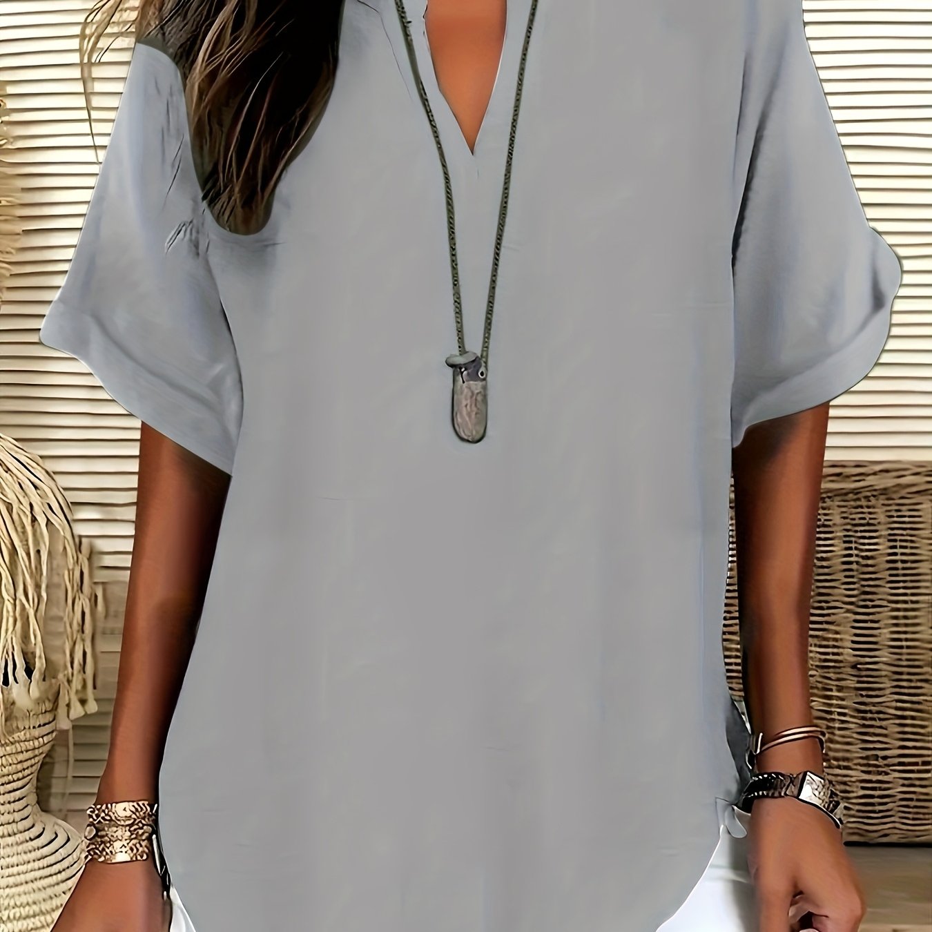 E-shop Plus Size, Europäisches Amerikanisches V-Ausschnitt Batwing Kurzarm-Pullover Elegantes Uni-Farben Plus Size Damen Oberteil