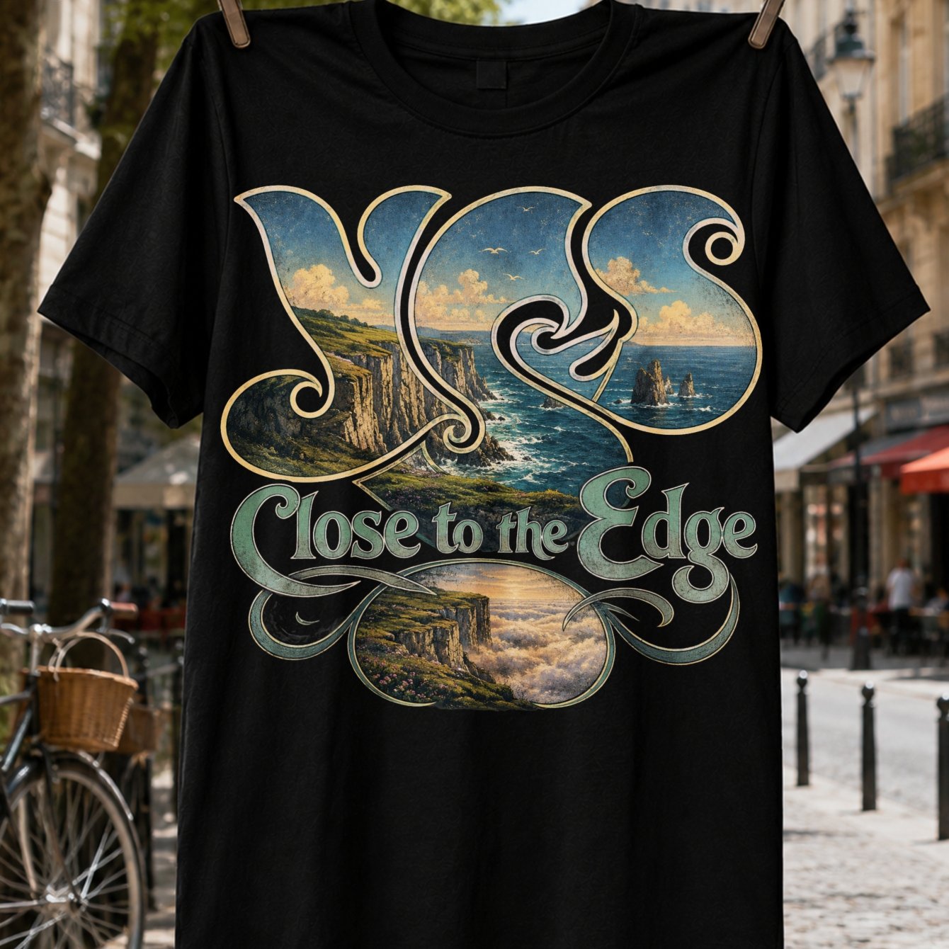 Image of With Yes Close To Text Flowing Retro Lettering Filled With Dramatic Coastal Ocean Waves And Vintage Scenery Unisex T-shirt