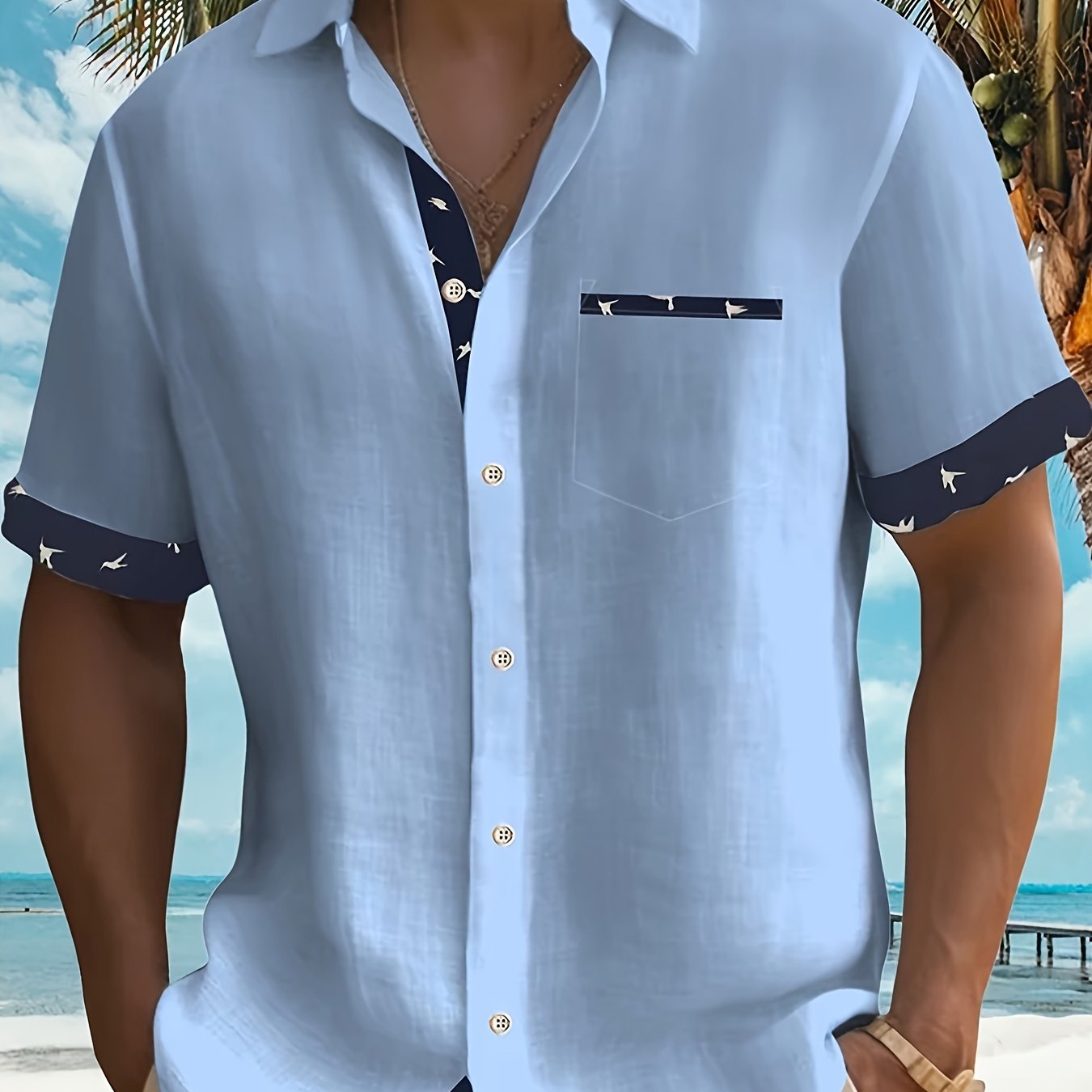 Image of Summer Cardigan For Men With Cuff And , Printed Lapel, Short Sleeves, And Pockets Shirt 0835 ( Zi)