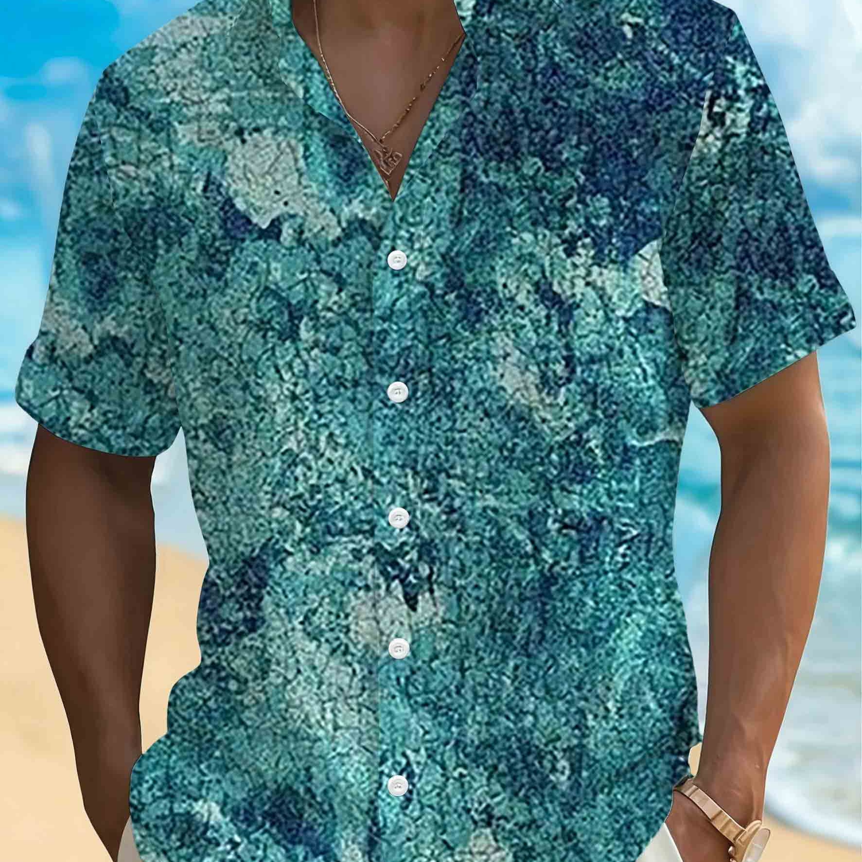 TEMU Men's Summer Fiber Fabric Tie-dye Short-sleeve Shirt, Teal Blue Gradient Ombre Print Loose Lapel Shirt, Beach Vacation Casual Top, Perfect For