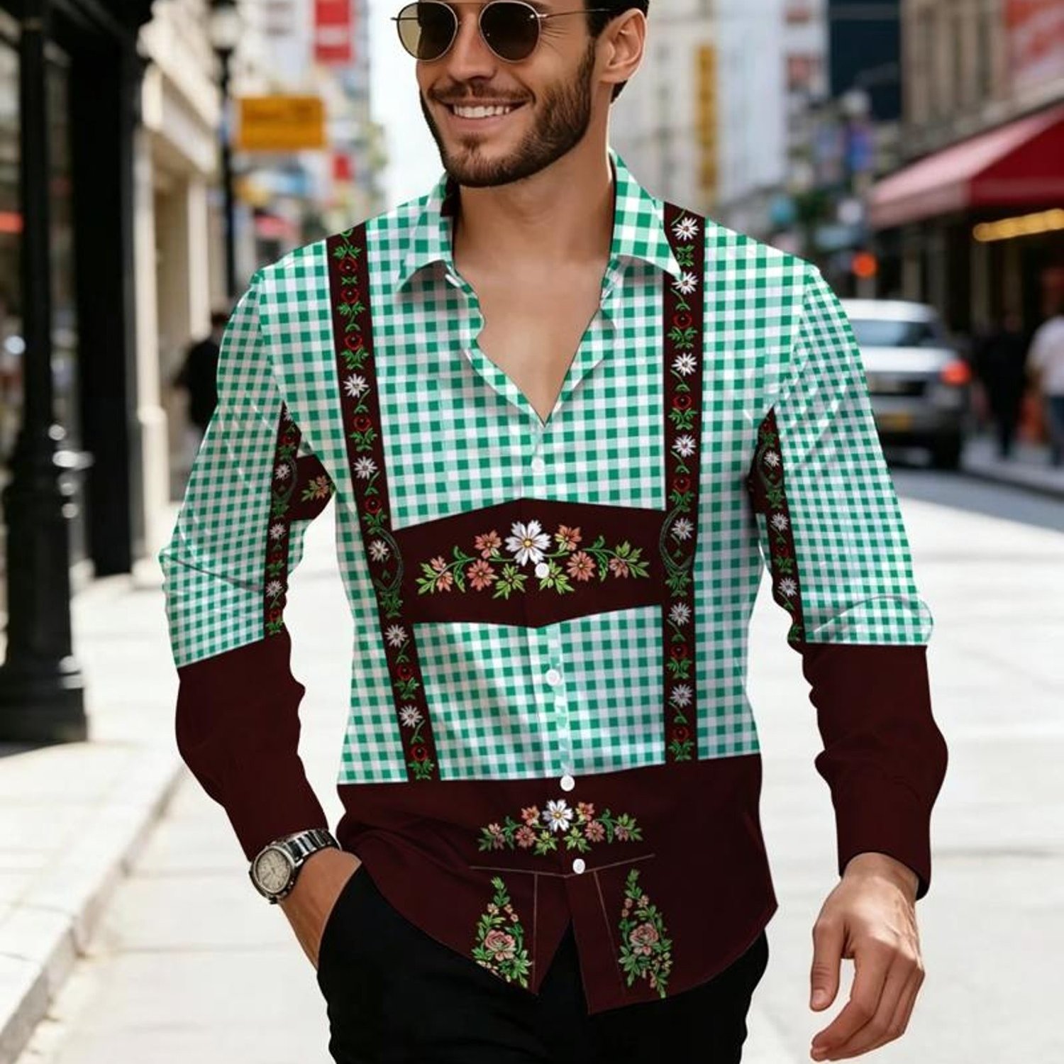 TEMU Men's Casual Shirt, Style, Long Sleeve With Printed Design, No Texture, Green And White Checkered Polyester Fabric, Brown Suspenders With Floral