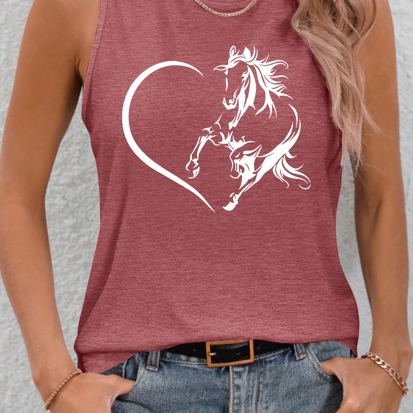 TEMU This Stylish Women's Tank Top Features A Heart-shaped Horse Silhouette Print, Made From Soft And Stretchy Fabric With A Round Neckline. Wear And