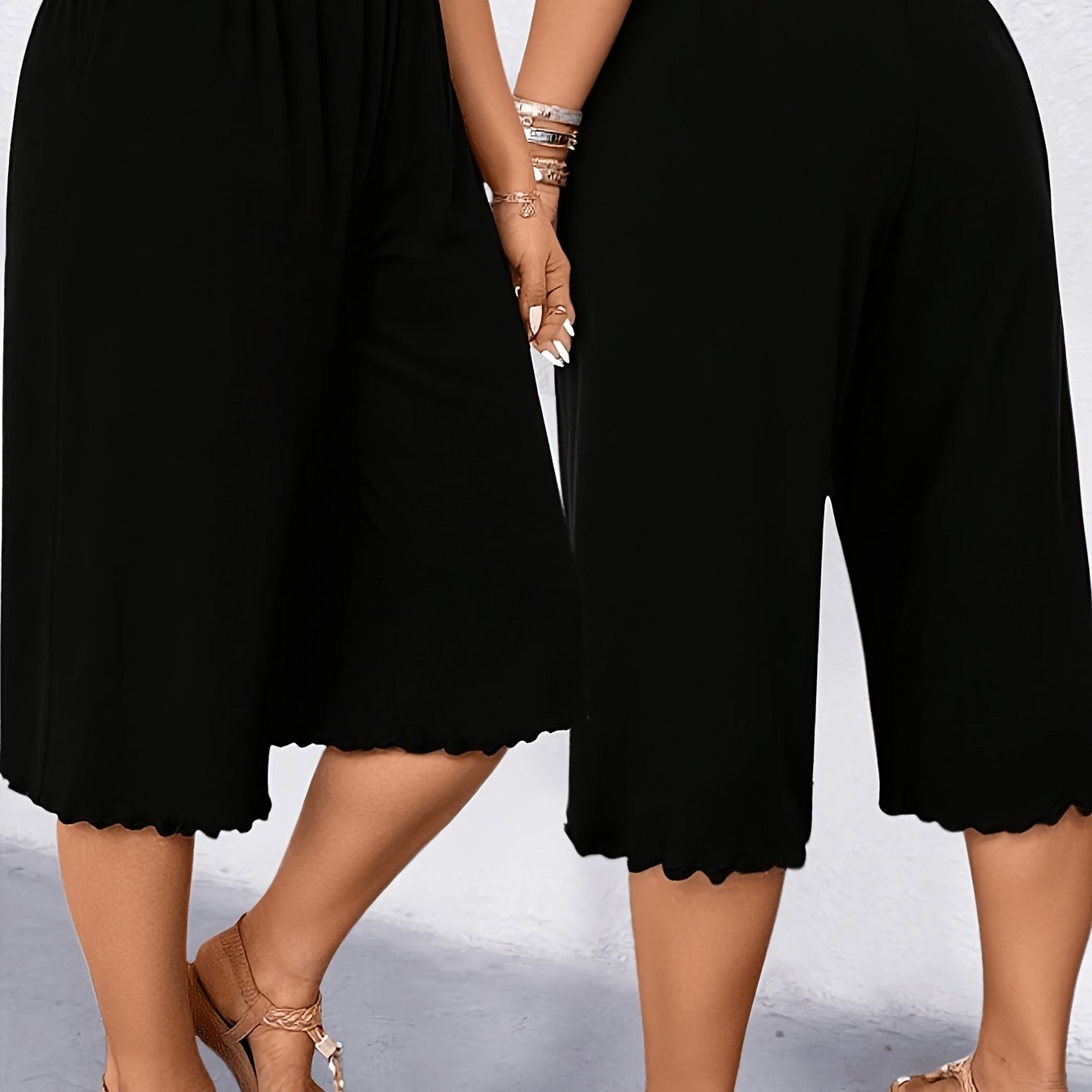 TEMU Plus Size, Plus Size Women's Casual Ruffle Hem Wide Leg Capri Pants