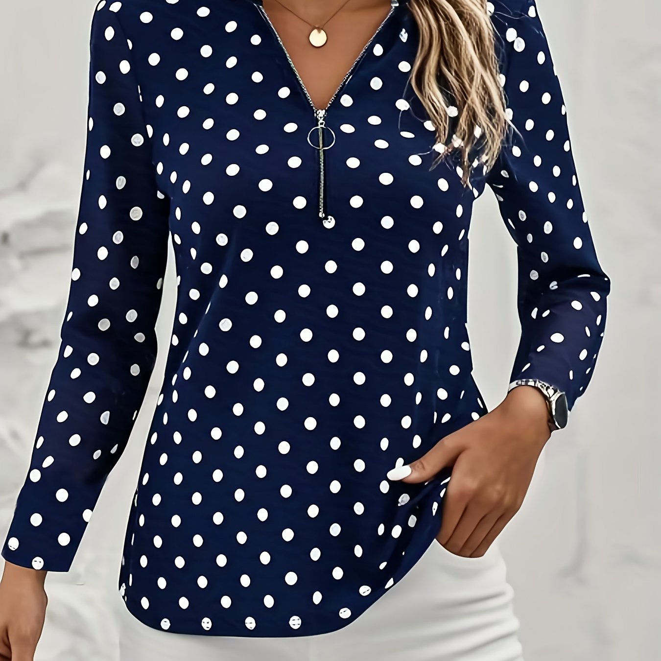 Plus Size, Women's Fashion Elegant Polka Dot Zipper V-neck Top