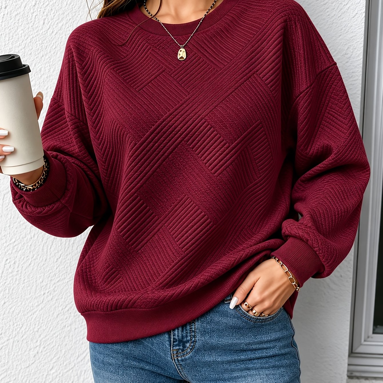 TEMU New Fashionable Athletic Casual Women's Jacquard Diagonal Texture Long Sleeve Sweatshirt T-shirt