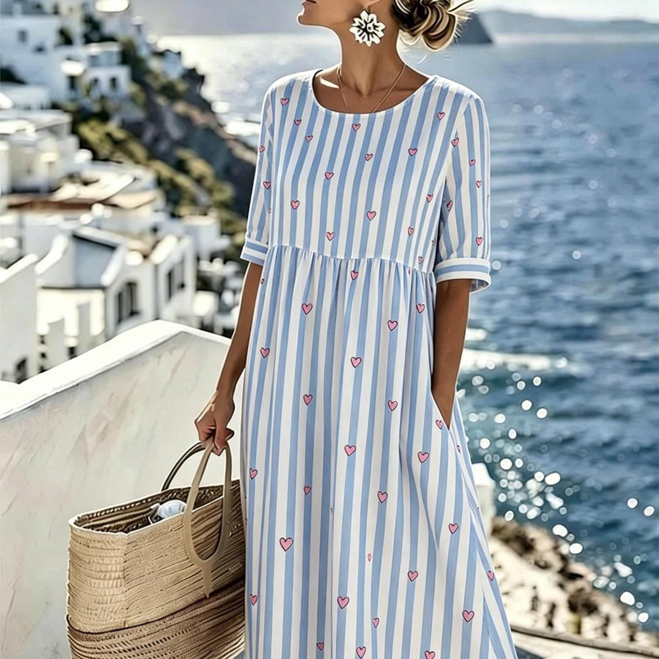 Image of Plus Size, Plus-size Women's Dress With Pockets Three-quarter Sleeves Round Neck Loose High-waisted Pleated Design Blue Bohemian For Beach Trips And Casual Summer Vacations 2d Flat Printing., 2d Flat