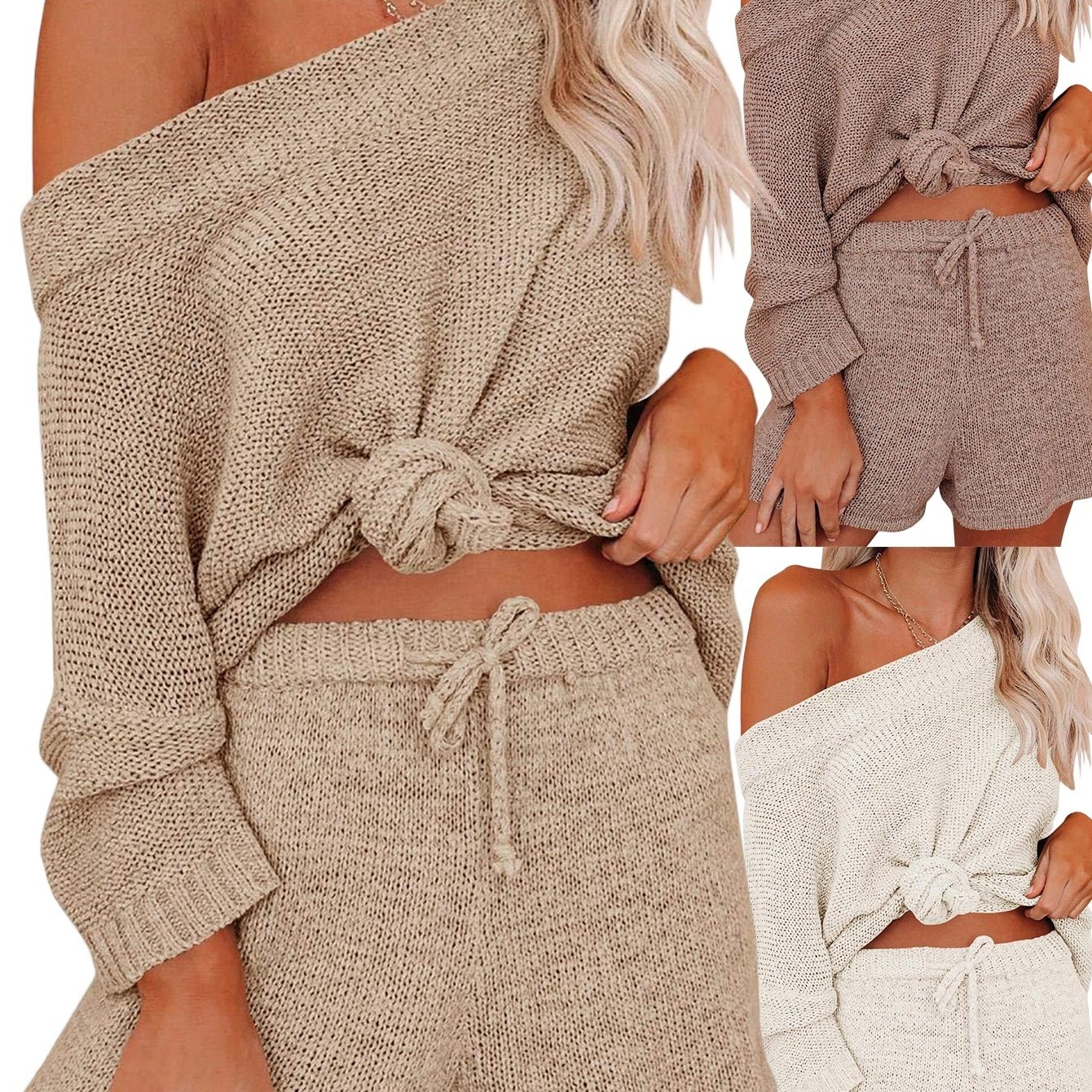 Image of Womens 2pcs Outfits Sweater Sets Off Shoulder Tops Waist Short Suits Casual Pajama Set