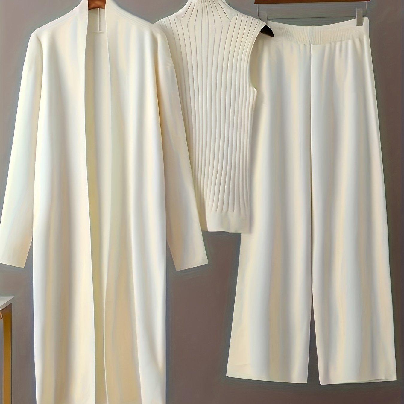 TEMU New Autumn And Winter Women's Loose Three-piece Set: Long Wide-leg Pants, Shawl Cardigan, And High-neck Vest Sweater. A Fashionable Outfit.