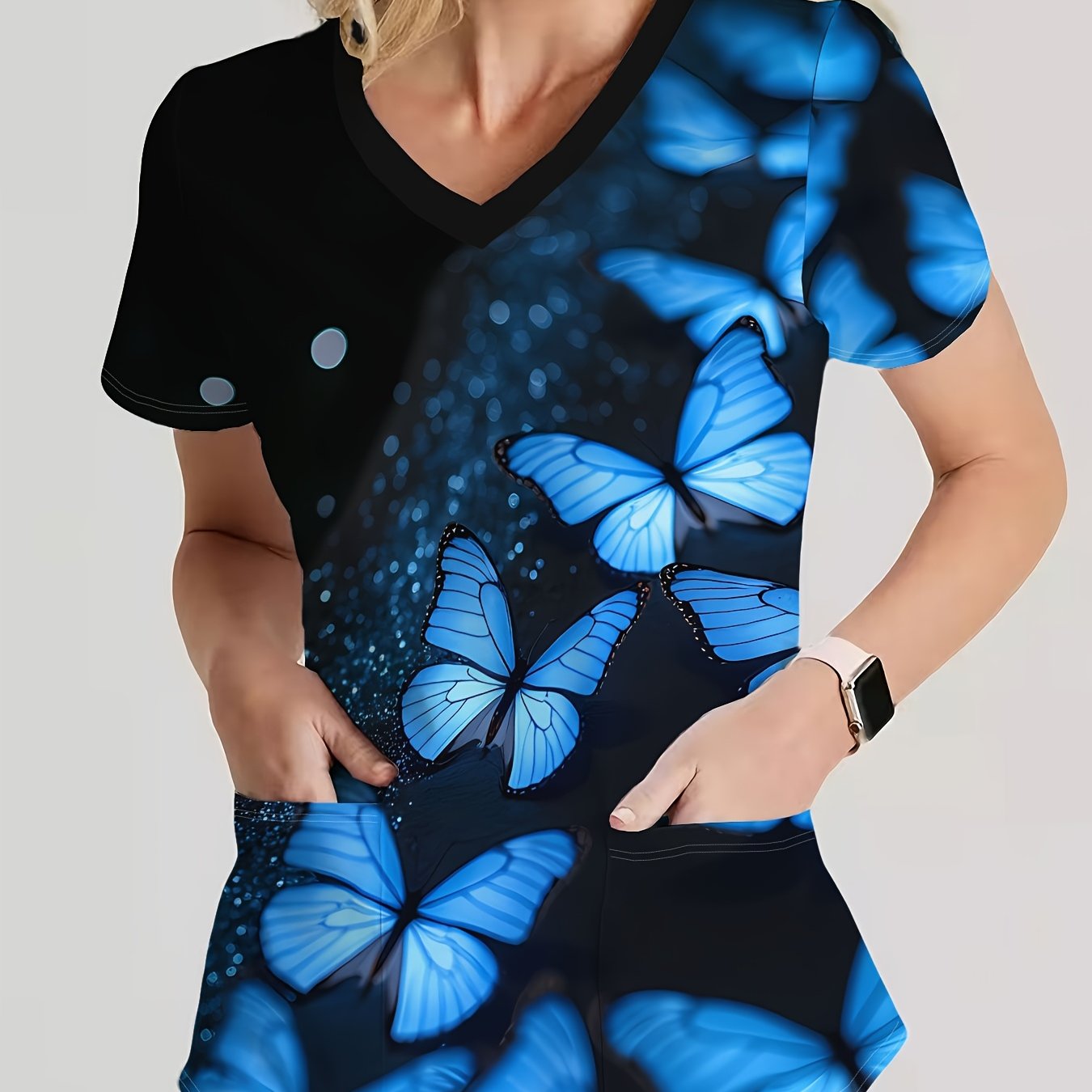 TEMU Women's V-neck Short-sleeve Uniform Blouse - Breathable Work Shirt With Full-body " Blue 's Dance" Print, Suitable For , Nursing Apparel,