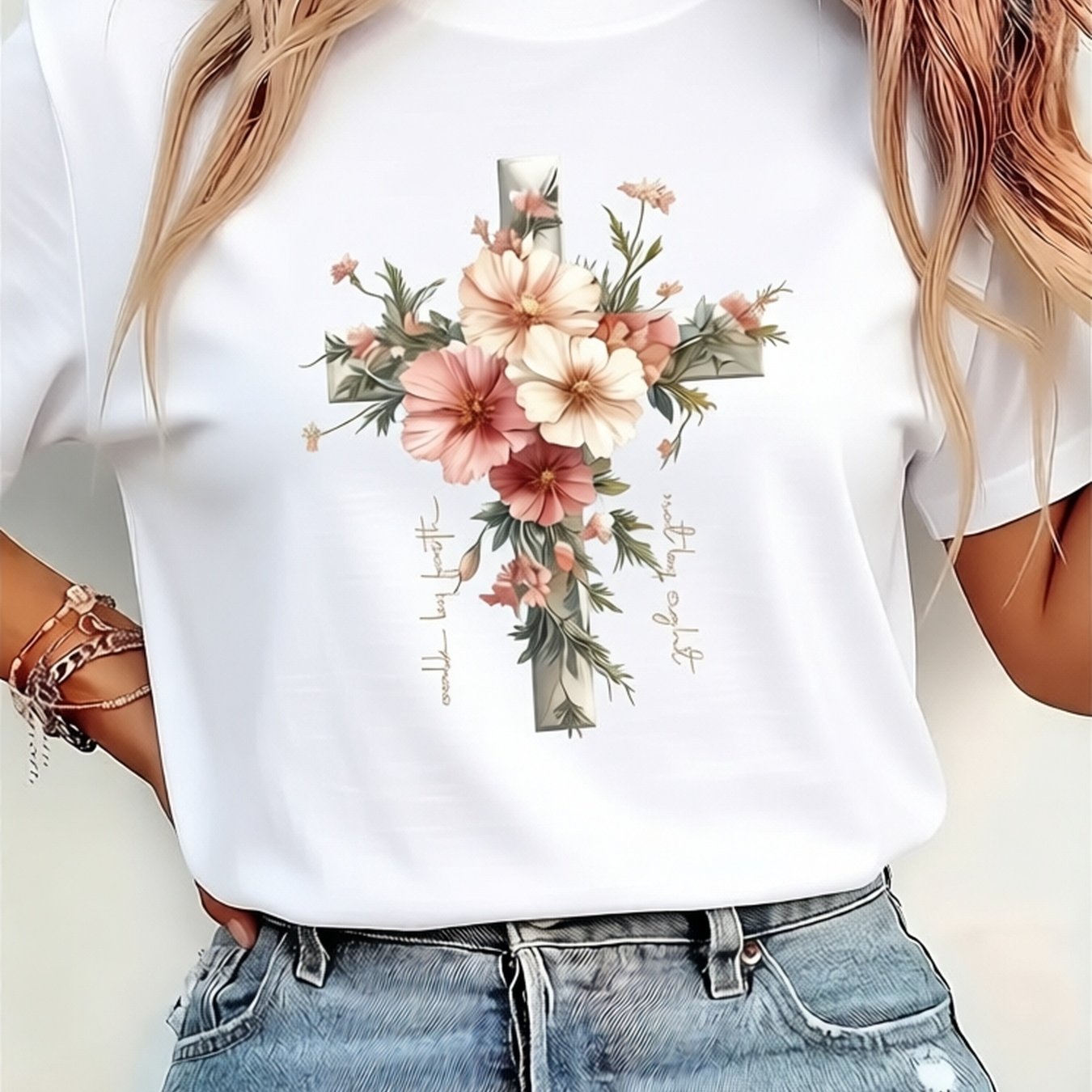 Image of Crew Neck Short Sleeve T-shirt With Floral Christian And Inspirational Quote Print | Soft Breathable Fabric, Regular Length, Machine Washable, Seasonally Versatile, Perfect Gift For Women