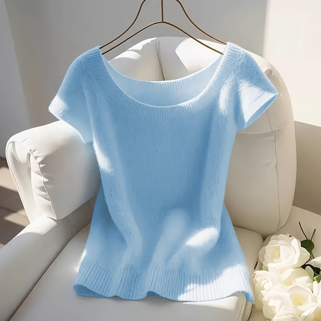 New Women's Fashion Solid Color Ribbed Slim Fit Short Sleeve Top