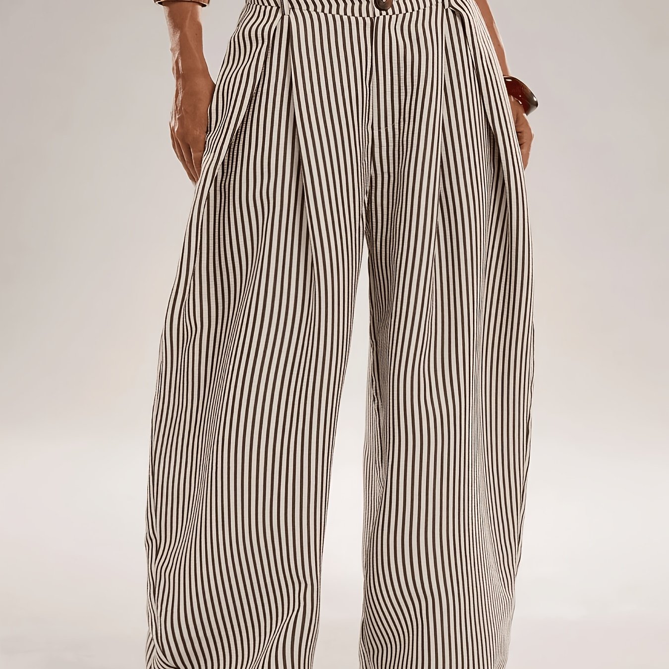 TEMU Dw260726253 Trendy Women's Casual Bohemian Vacation Black And White Plaid Textured Striped Loose Fit Long Pants, Suitable For , Daily Wear, And
