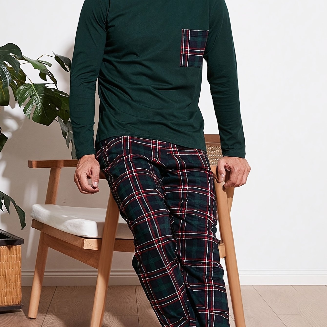 TEMU Men's 2pcs Pajama Set, Pocket Long-sleeve Top & Long Pants, Spring Summer Autumn Casual Loungewear
