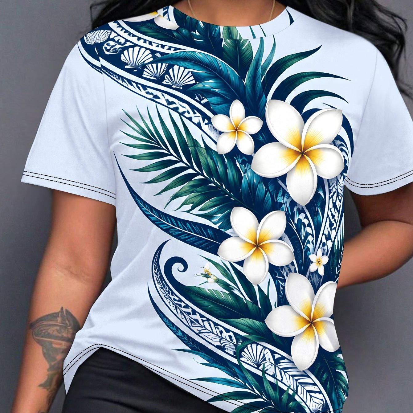 TEMU Samoan White Plumeria Flow Women's Casual Print Round Neck Short Sleeve T-shirt, Daily Tees, , Fashionable For Summer Beach, Vacation