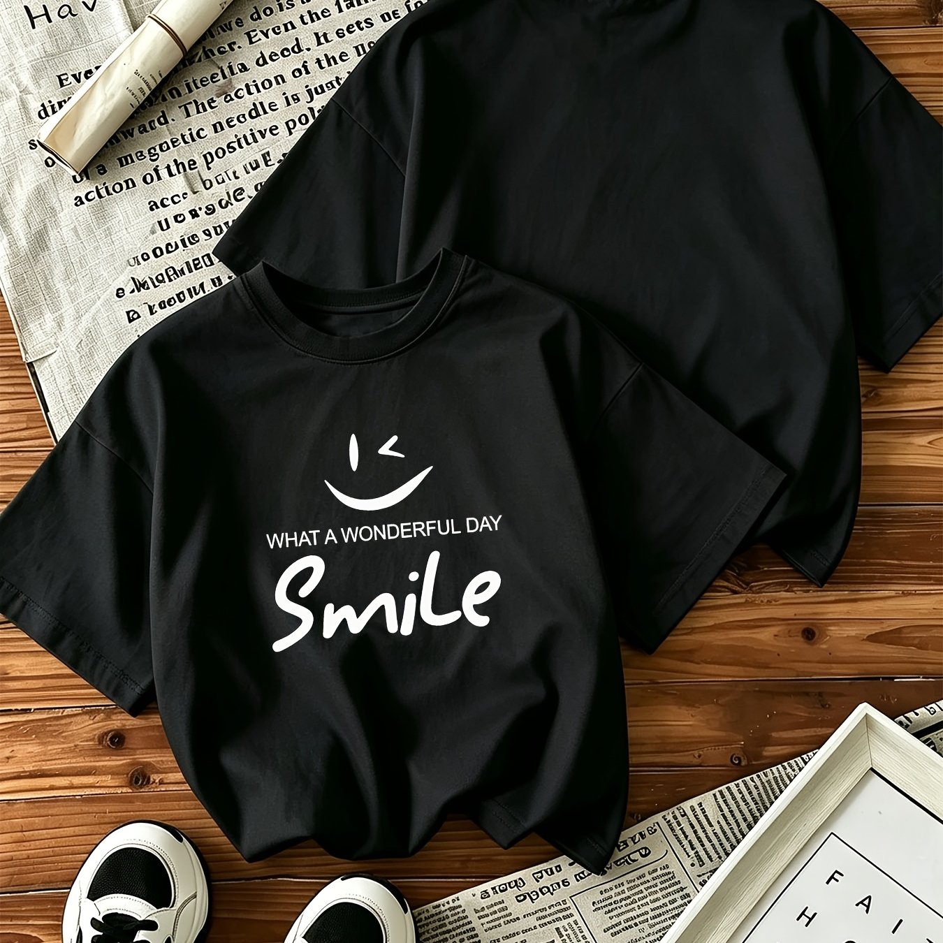 Spring/summer New Arrival White Short Sleeve T-shirt - Round Neck Design, Relaxed Fit With Shoulder, Fabric, Perfect For 'what A Wonderful Day Smile' Positive Message Design