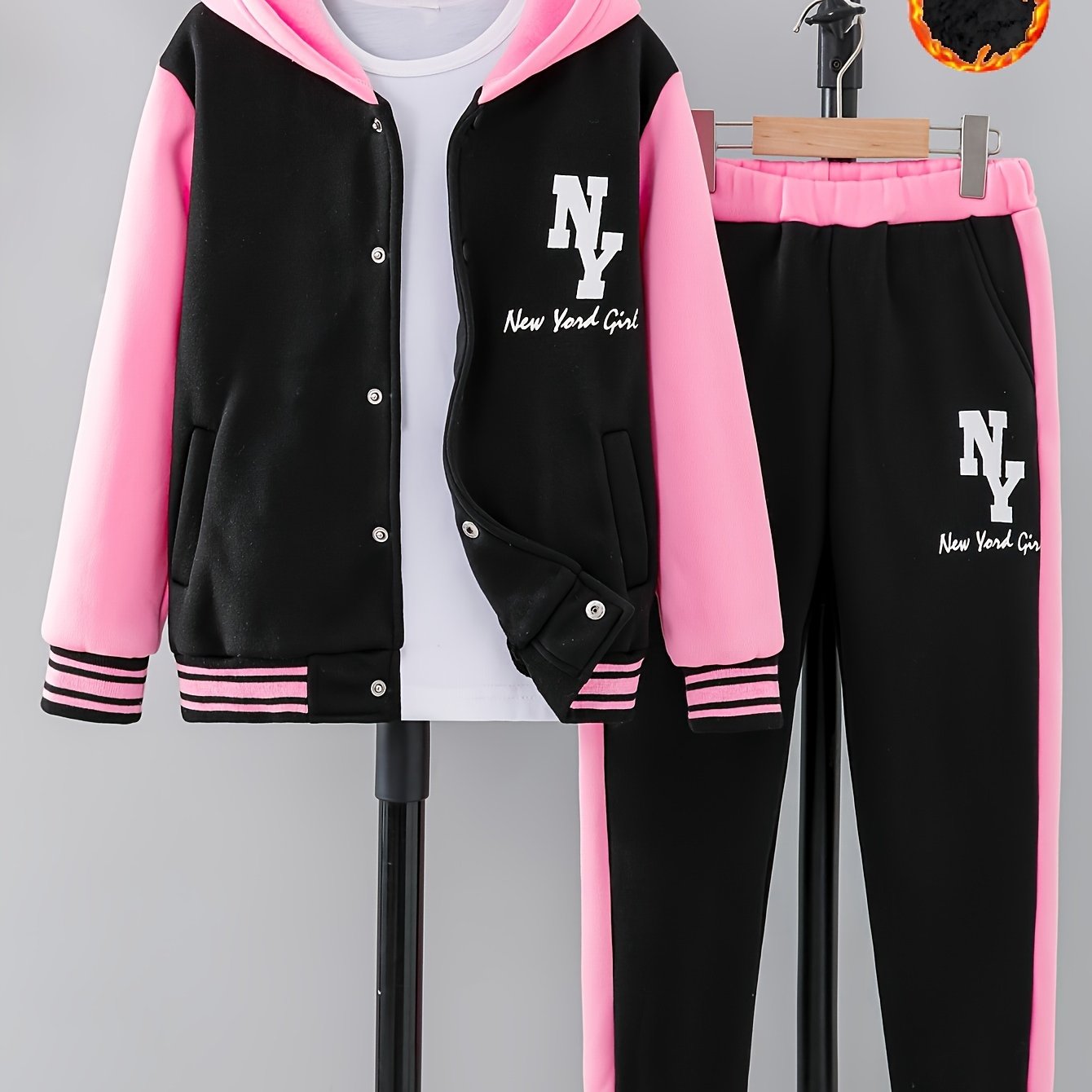 Girls' 2pcs Autumn Set: Hooded Long-sleeve Printed Sweatshirt With Pockets And Printed Black-pink Spliced Long Pants, Perfect For Outdoor