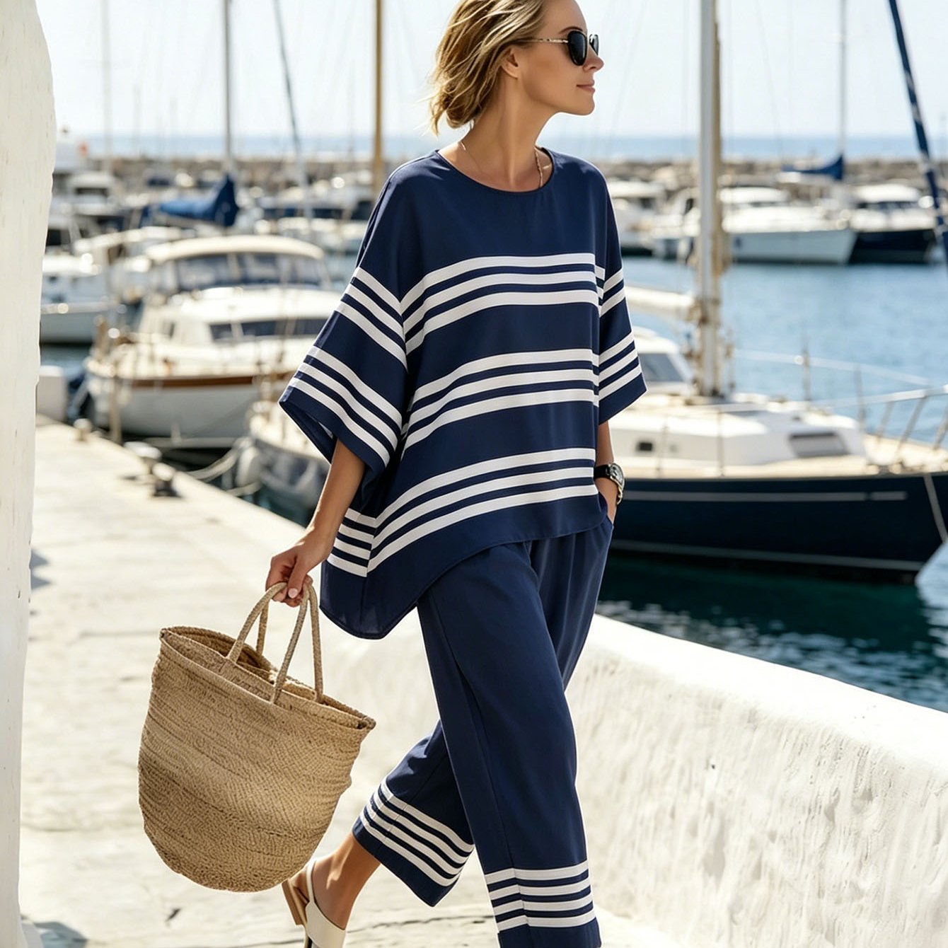 Image of Classic Navy Stripe Casual Set, Loose Slim-fit Lazy Top& Wide-leg Pants