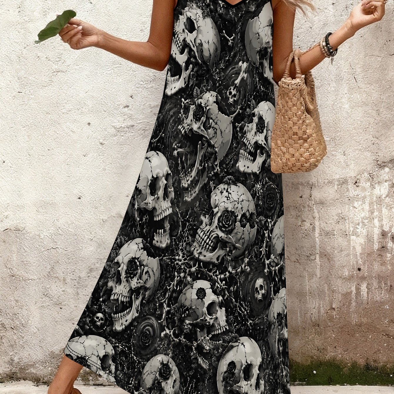 TEMU Dense Gothic Skull Collage Summer Casual Loose Spaghetti Strap Dress