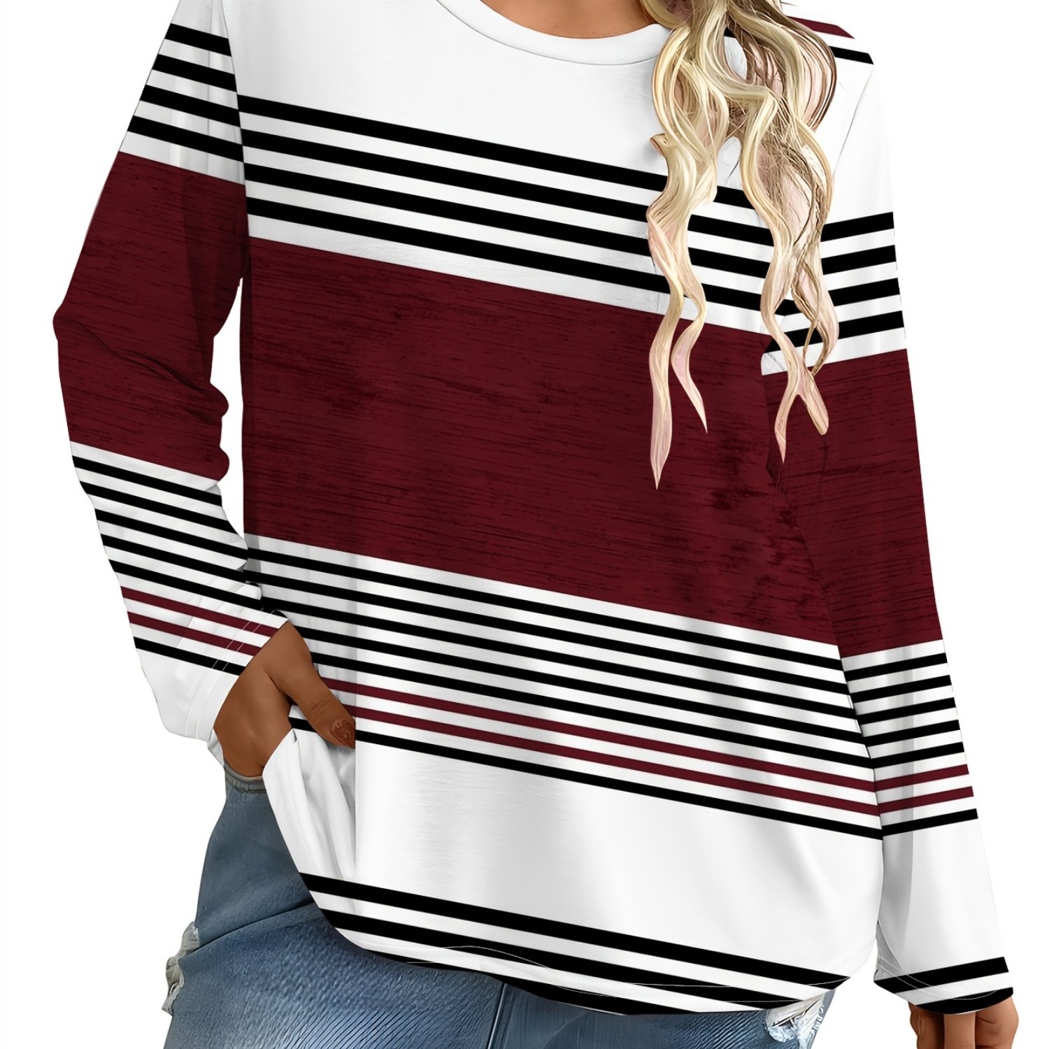 TEMU Plus Size - Plus Size - [ ] Striped Design Color-layered Print Round Neck T-shirt, Casual Long Sleeve Top, Women's Fall Winter Long Sleeve