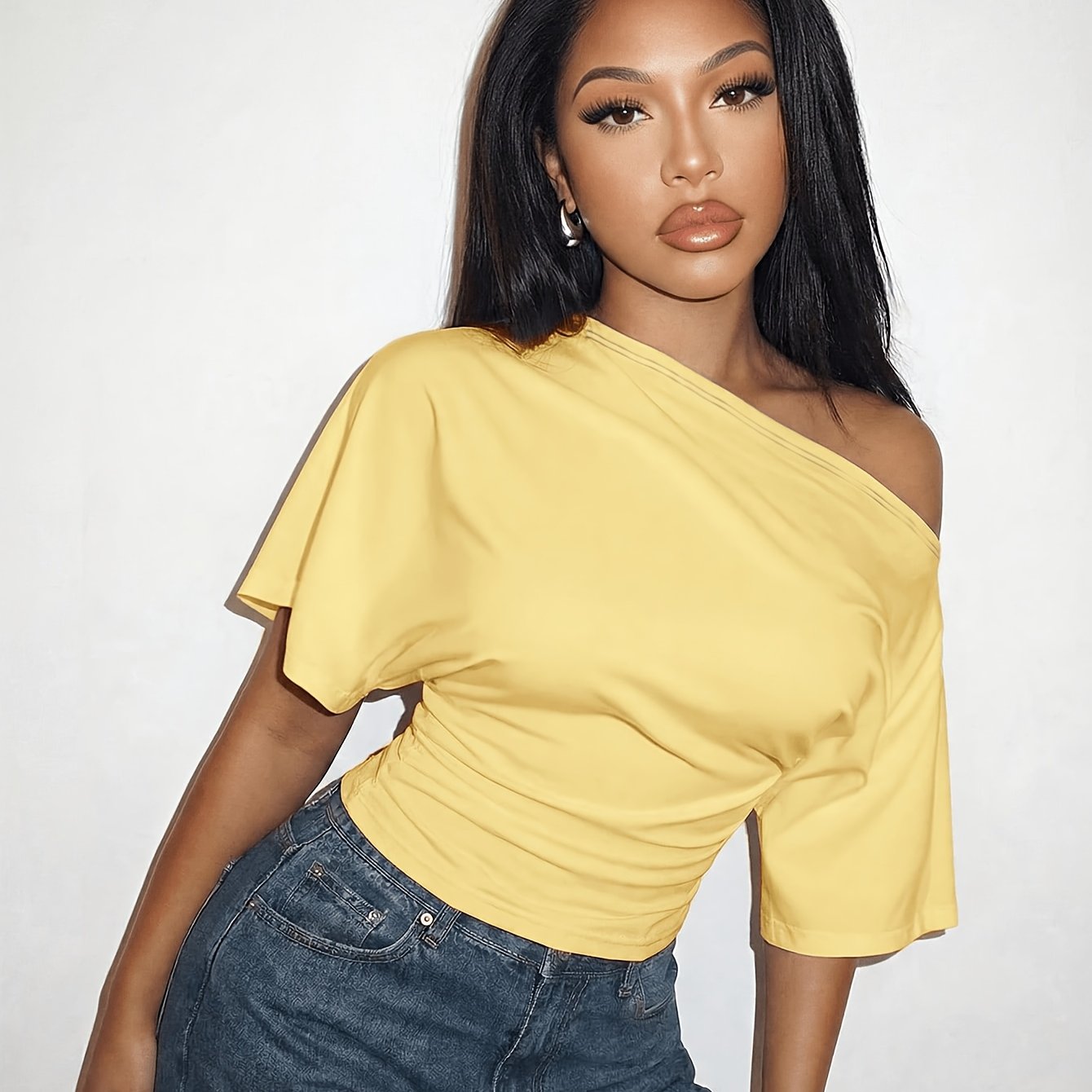 TEMU Haut t-shirt de couleur unie à épaules dénudées, coupe ample et taille plissée - Élégant, , sexy et décontracté, pour , l'été, les vacances, la