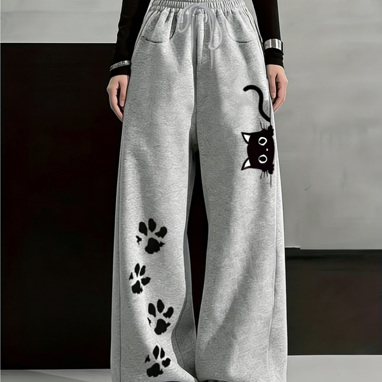 TEMU Women's Y2k Winter Wide-leg Pants With Paw Print & Cat Paws - Waist Drawstring Sweatpants, Loose-fit Warm Trousers Suitable For - Casual Wear,