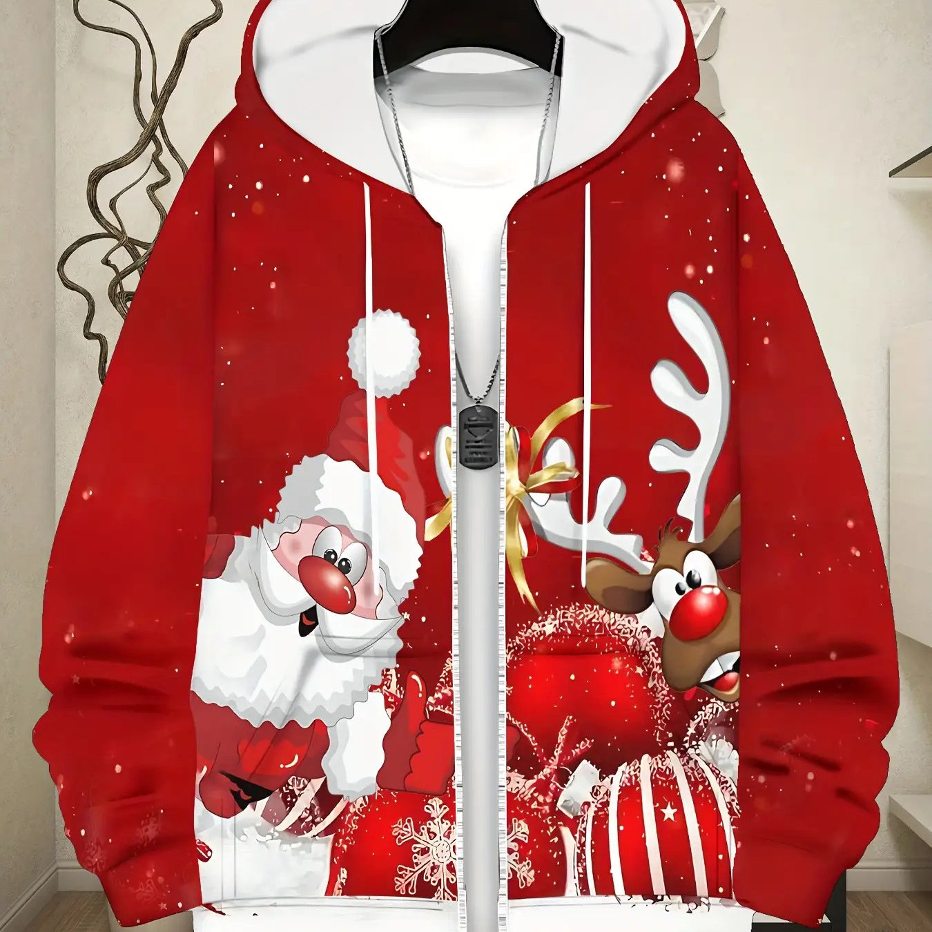 TEMU Men's Long Sleeve Zip-up Hooded Sportswear, Modern Multifunctional Spring/autumn Hoodie Jacket With Santa Print Design, Fashionable And