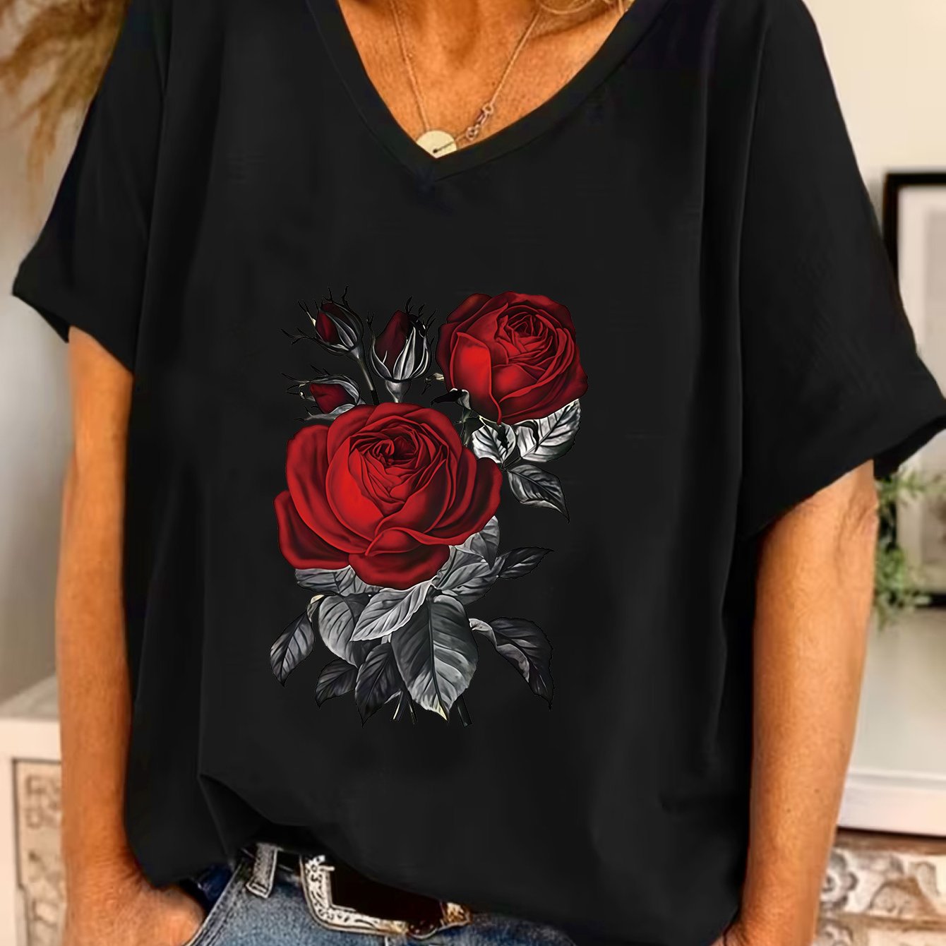 TEMU Plus Size, Plus Size 1xl-8xl Women's Floral Print Loose Short Sleeve V-neck Top, Rose Print, Batwing Sleeve Casual Blouse, Elegant And Stylish ,