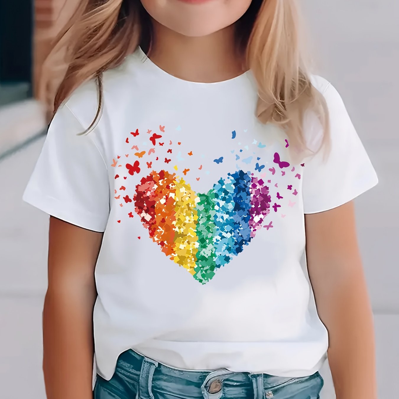 Girls' Sparkling Rainbow Heart Print T-shirt With Sequin Hearts - Short Sleeve Round Neck Blouse For Spring Summer Outfits, Party Wear - Machine Washable Clothing ( &) - In Stock