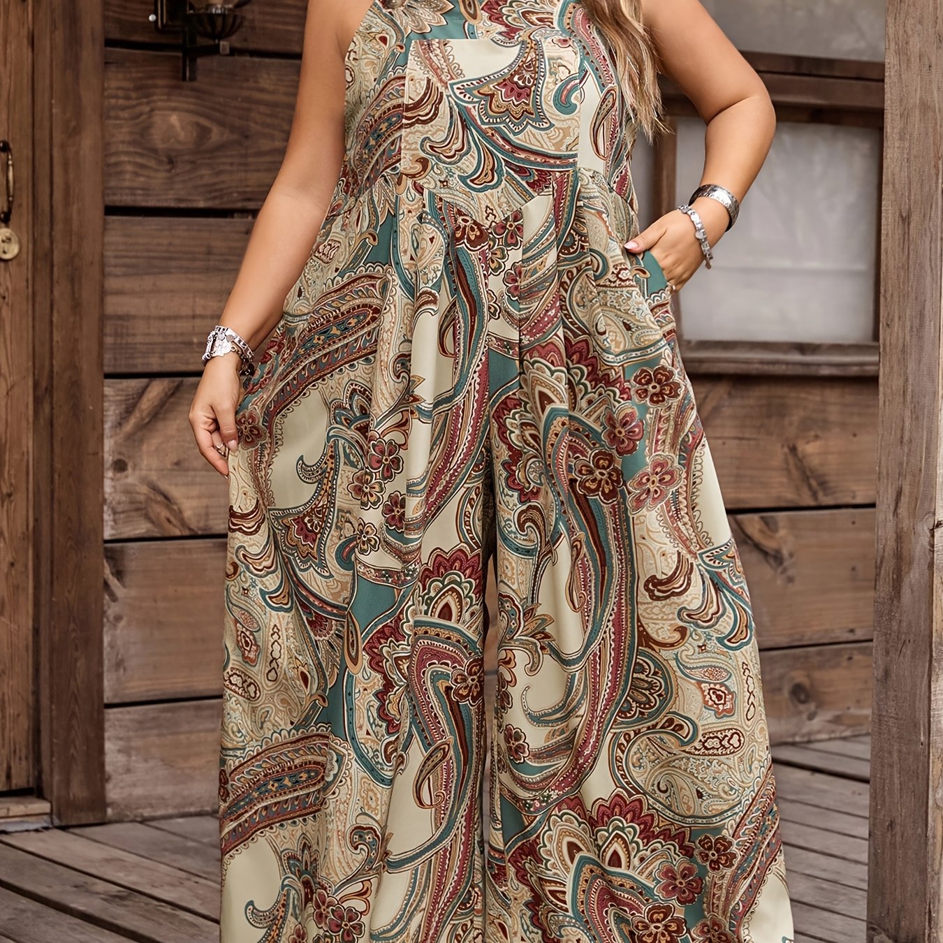TEMU Plus Size, Plus Size Women's / Style Beach Jumpsuit, Chic Printed Sleeveless Camisole Jumpsuit With Pockets, Exotic Style Clothing, Sexy And Hot