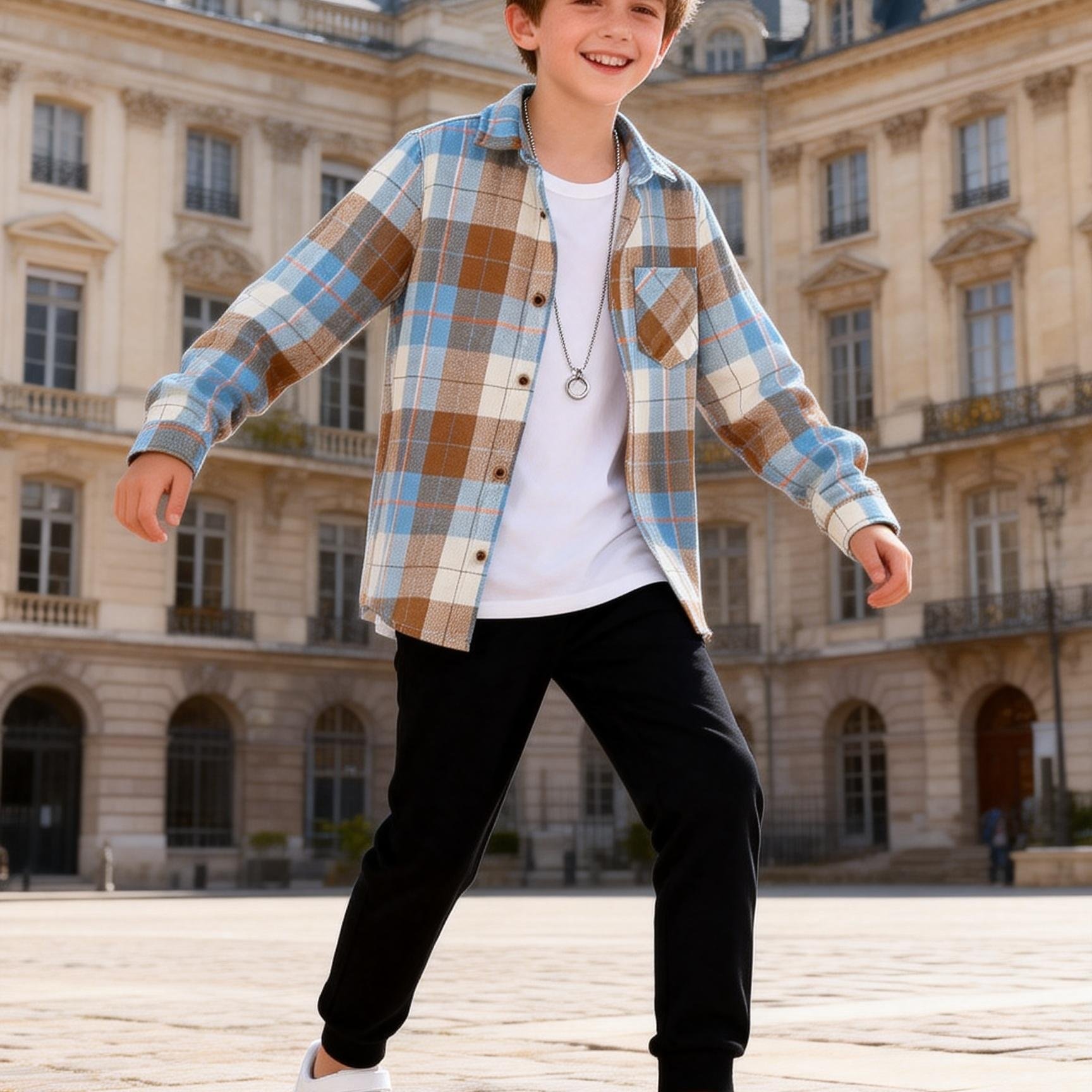Image of Boys' Spring/autumn New Twill Check Shirt With Square Collar, Long Sleeves, Single-breasted Buttons, And Pockets, Outerwear Top For Medium To Large Children