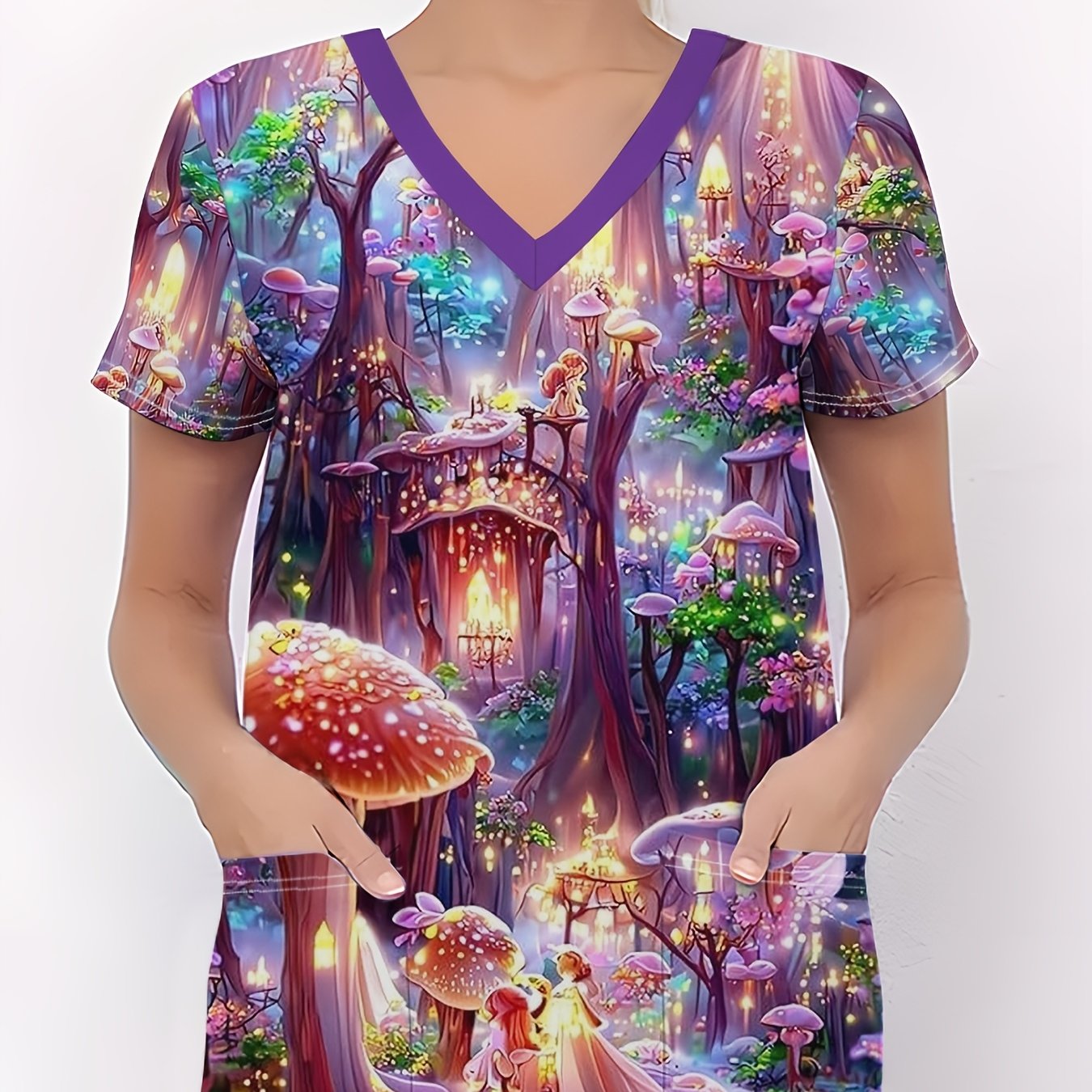 TEMU Casual And Comfortable Women's T-shirt, Cozy Nurse Uniform For Women, A Scene With Enormous Mushrooms , Twinkling Lights, And Fairies Strolling.