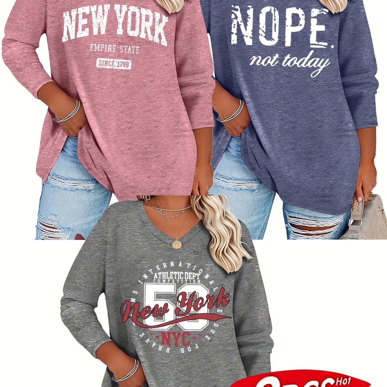 TEMU Plus Size, Versatile T-shirt 3pcs Set, Spring/summer New Plus Size Women's Fashion Letter Long Sleeve V-neck T-shirt 3pcs Set, Women's T-shirt,
