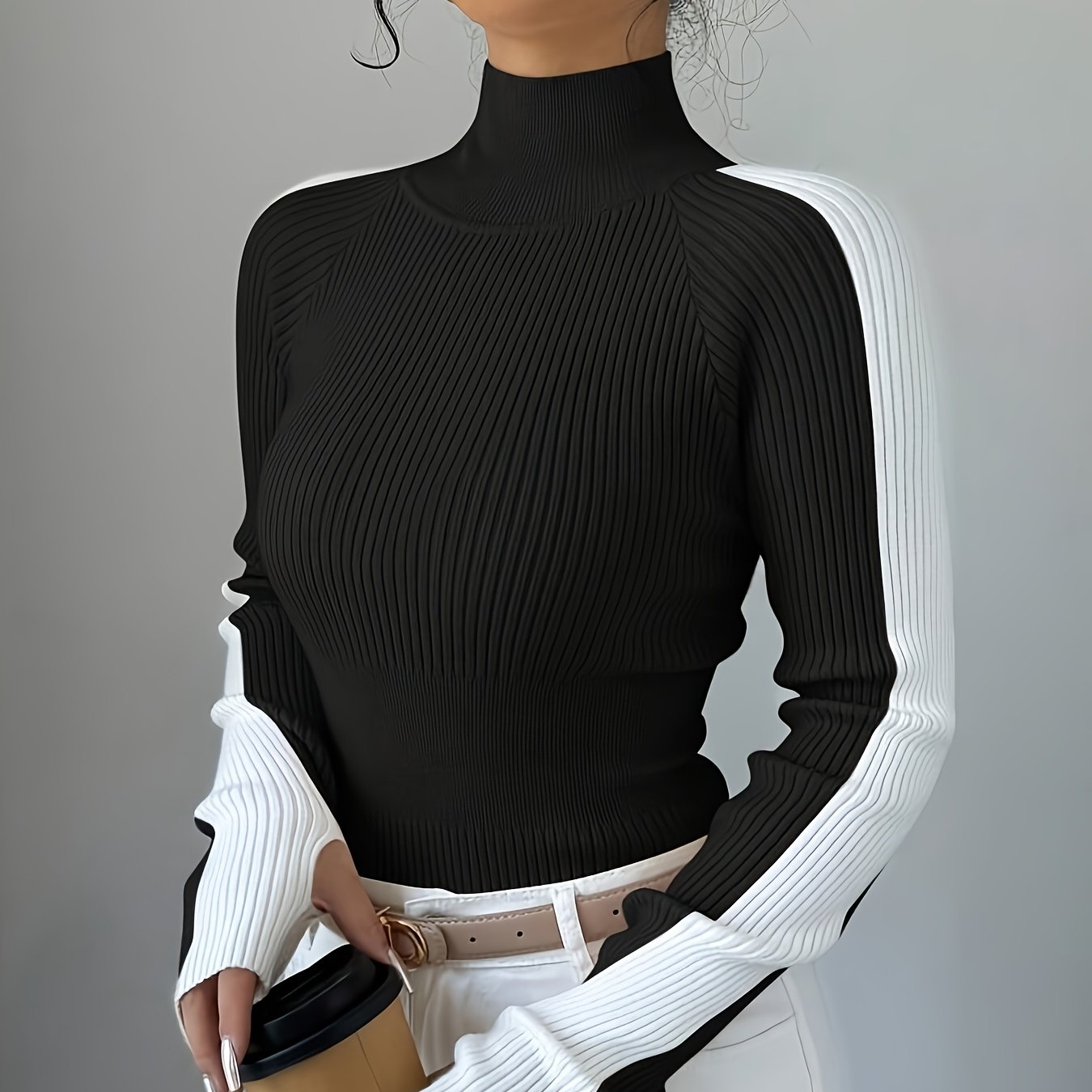Contrast Color Turtleneck Comfortable Layer Top