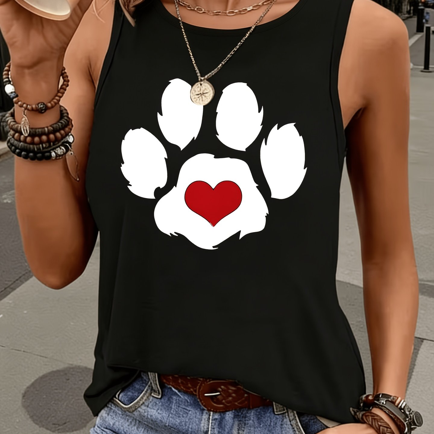 TEMU 0707# New Women's Vest Top, Summer Essential For Travel, Dates, Beach, Vacation, Mother's Day Gift, Red Heart With White Paw Print